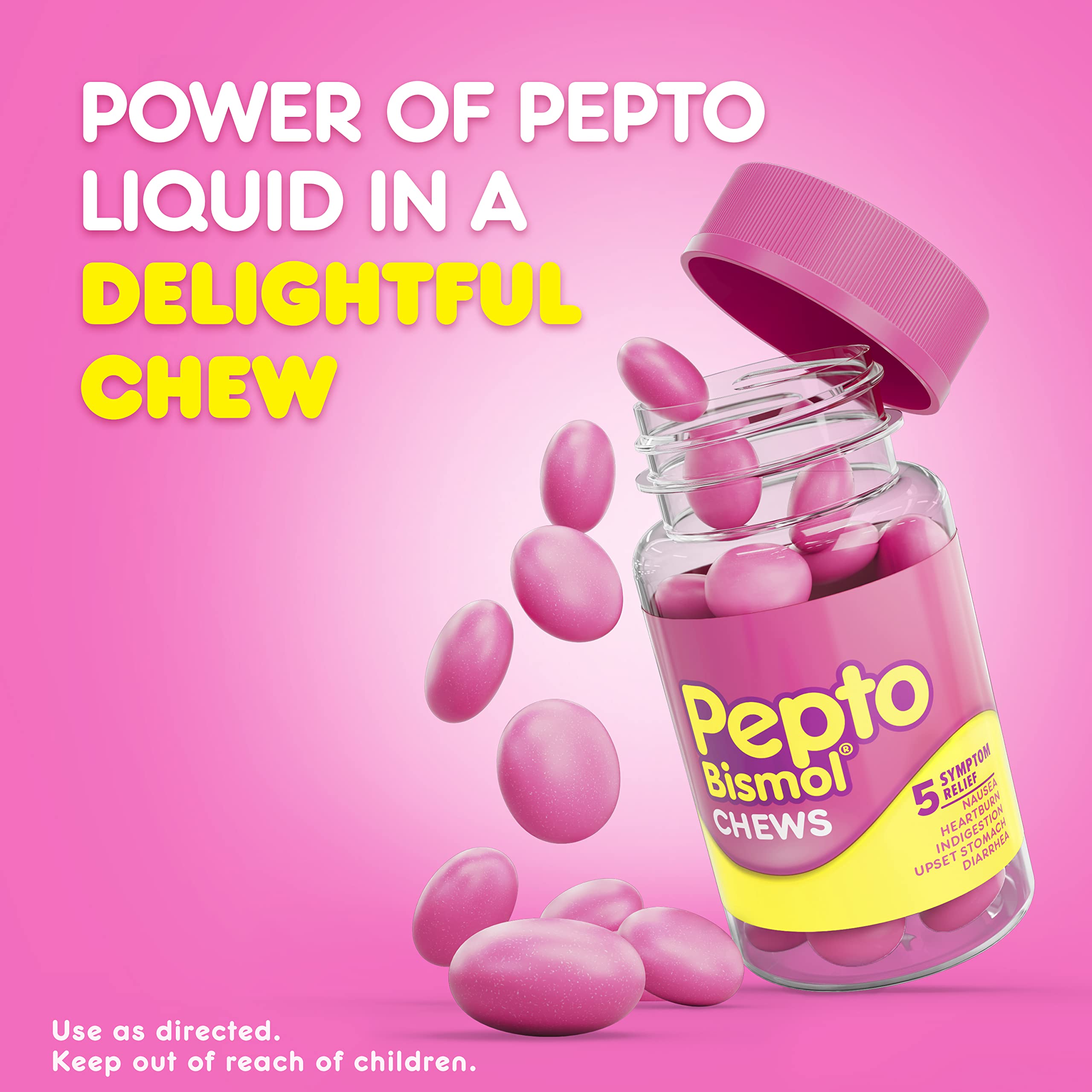 Pepto Bismol Chews, Fast and Effective Digestive Relief from Nausea, Heartburn, Indigestion, Upset Stomach, Diarrhea, 72 Total (