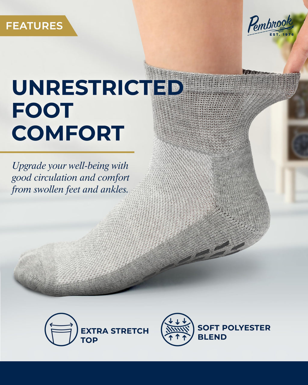 Pembrook Diabetic Ankle Socks for Men & Women with Grips | 6 Pairs Quarter Length Wide Non Binding Diabetic Socks for Men Non Sl