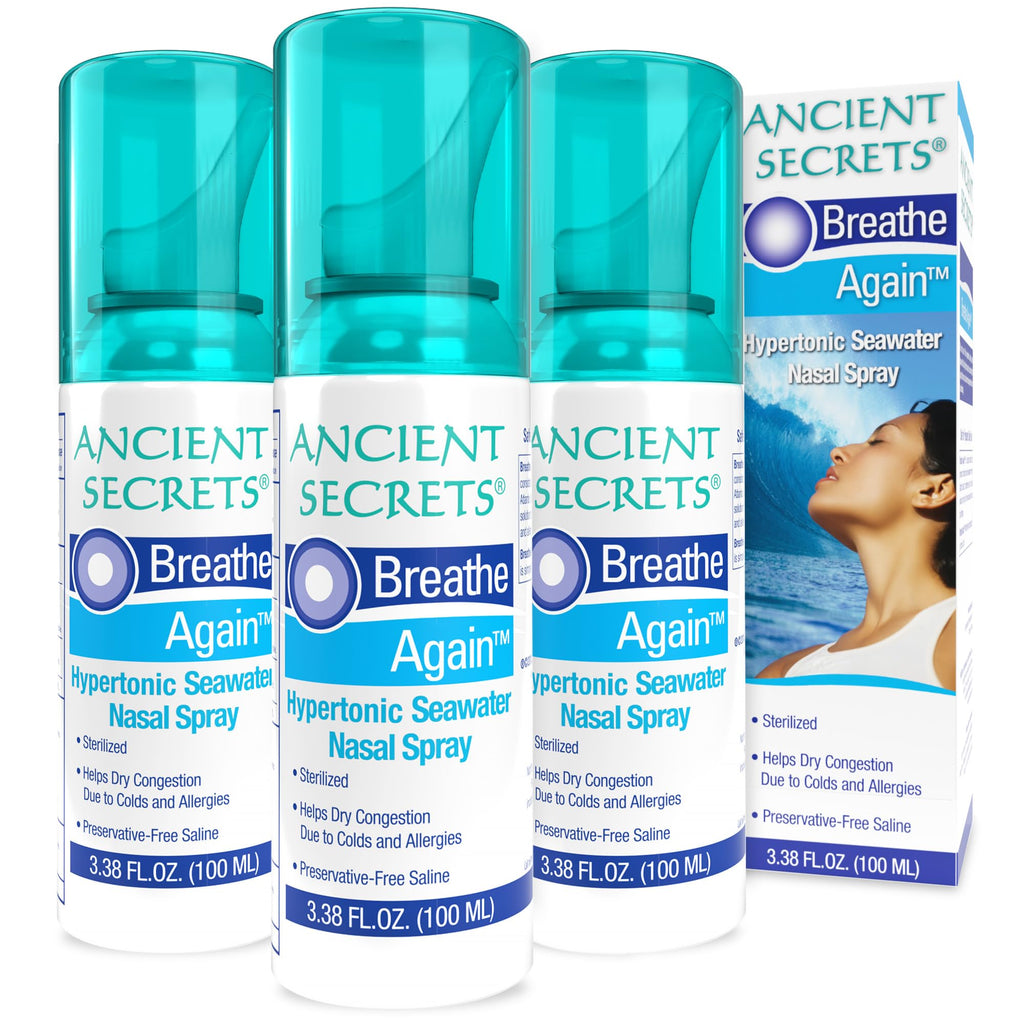 ANCIENT SECRETS Saline Nasal Spray - Breath Again Hypertonic Seawater Nasal Spray, Allergy & Sinus Relief, Nasal Congestion Mois