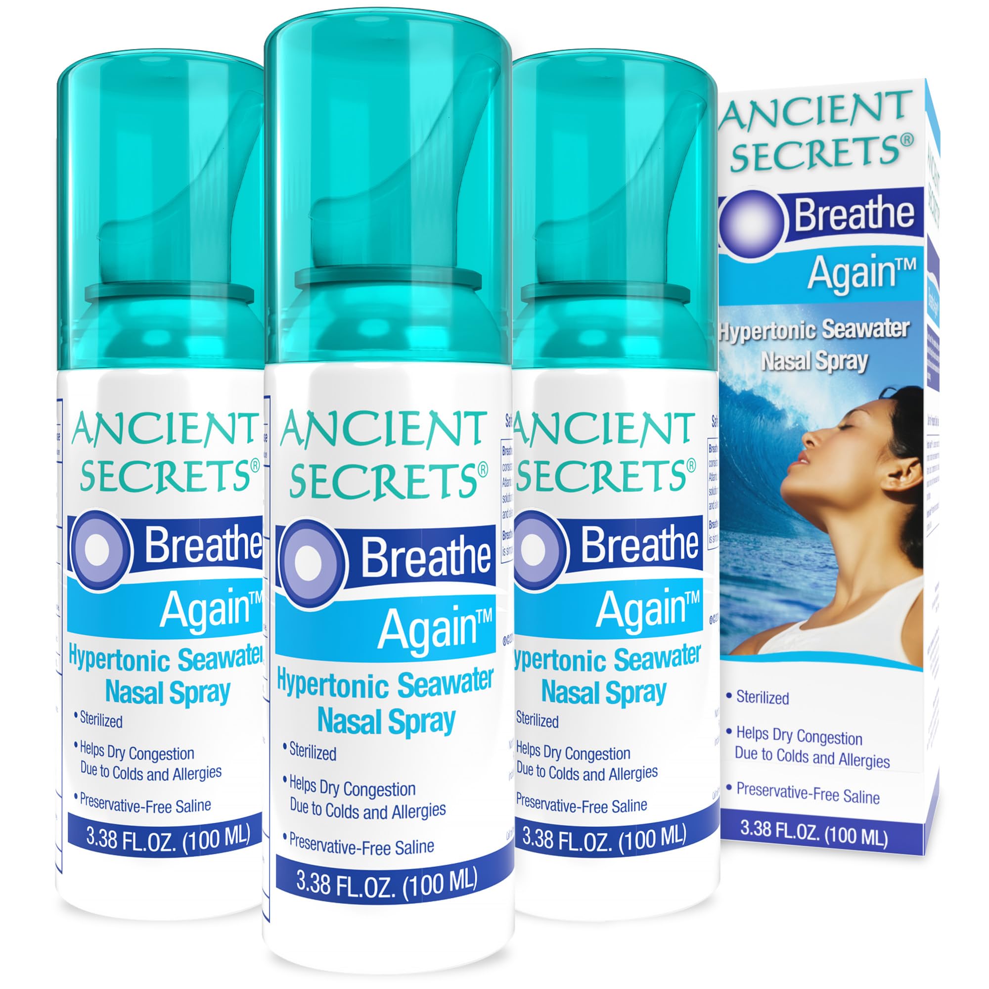 ANCIENT SECRETS Saline Nasal Spray - Breath Again Hypertonic Seawater Nasal Spray, Allergy & Sinus Relief, Nasal Congestion Mois