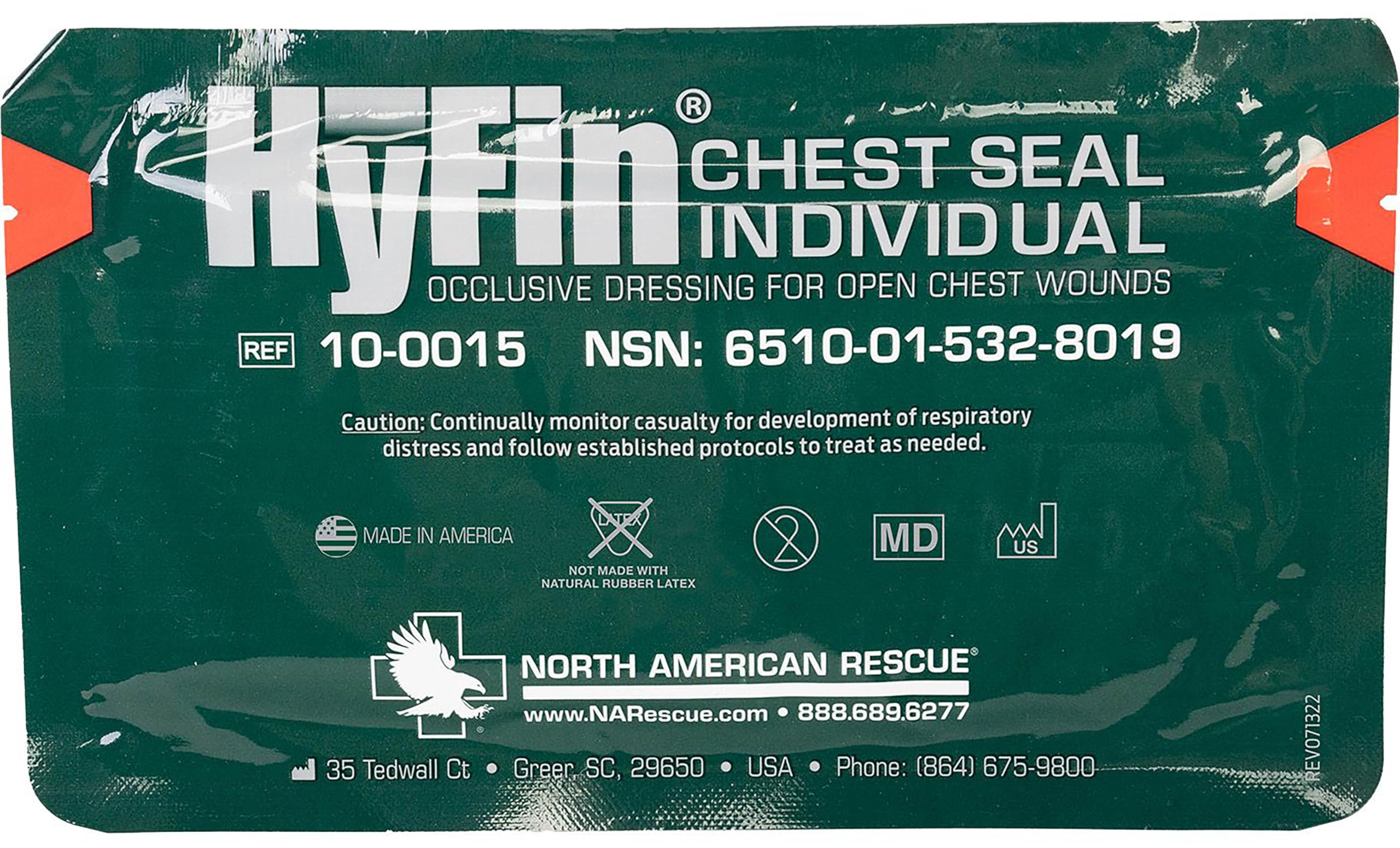North American Rescue HyFin Chest Seal Occlusive (Single Pack) NAR Individual Compact Dressing for Open Chest Wounds, Trauma (10