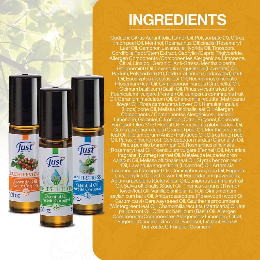 Swiss JUST Essential Oil - 3 Piece Set - Relaxation Trio for Sense Aromatherapy Bliss - 31 Herbal Oil, Guduchi, and Anti-Stress