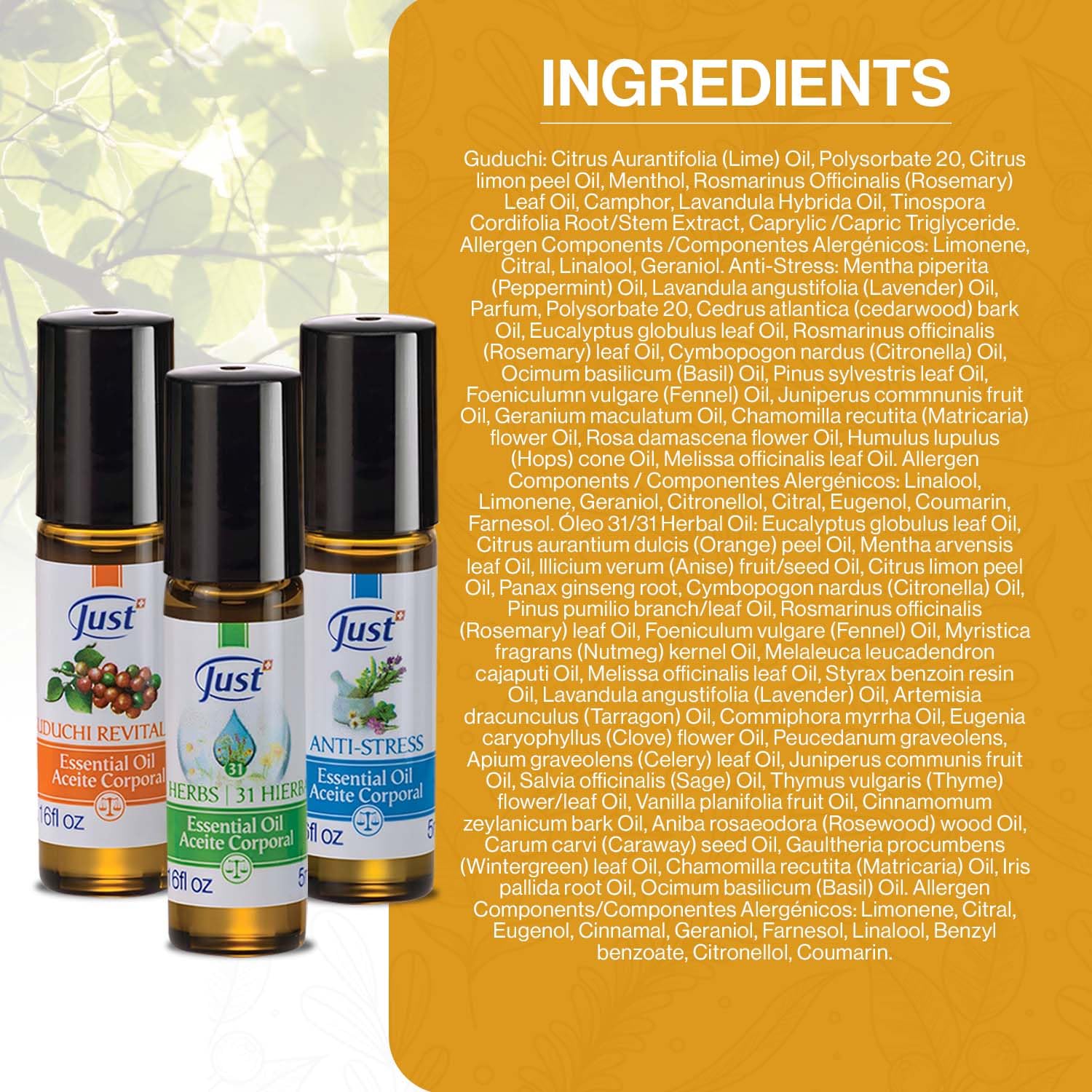 Swiss JUST Essential Oil - 3 Piece Set - Relaxation Trio for Sense Aromatherapy Bliss - 31 Herbal Oil, Guduchi, and Anti-Stress