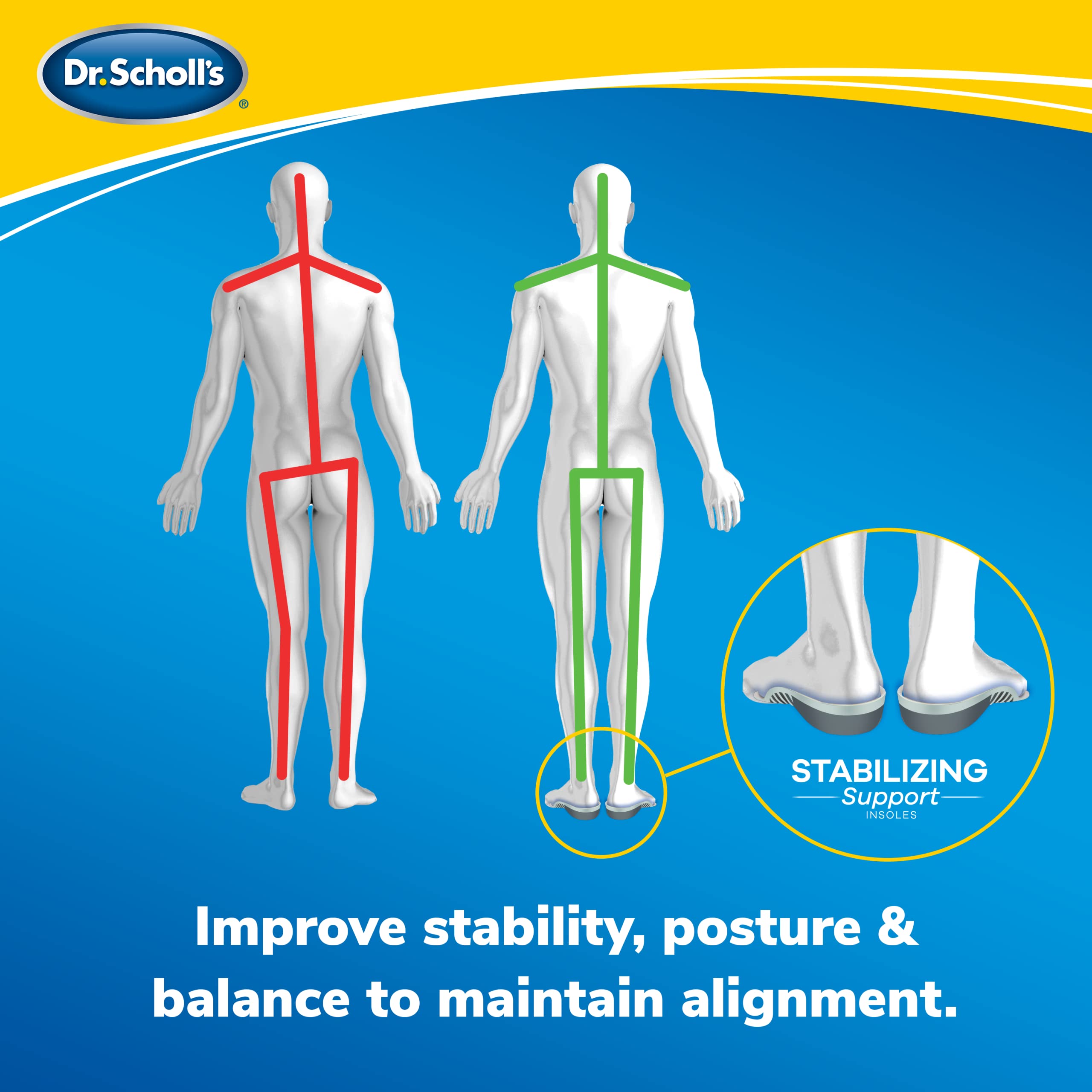 Dr. Scholls Stabilizing Support Insole Improves Posture, Alignment & Balance. Added Arch Support for Flat Feet & Overpronation