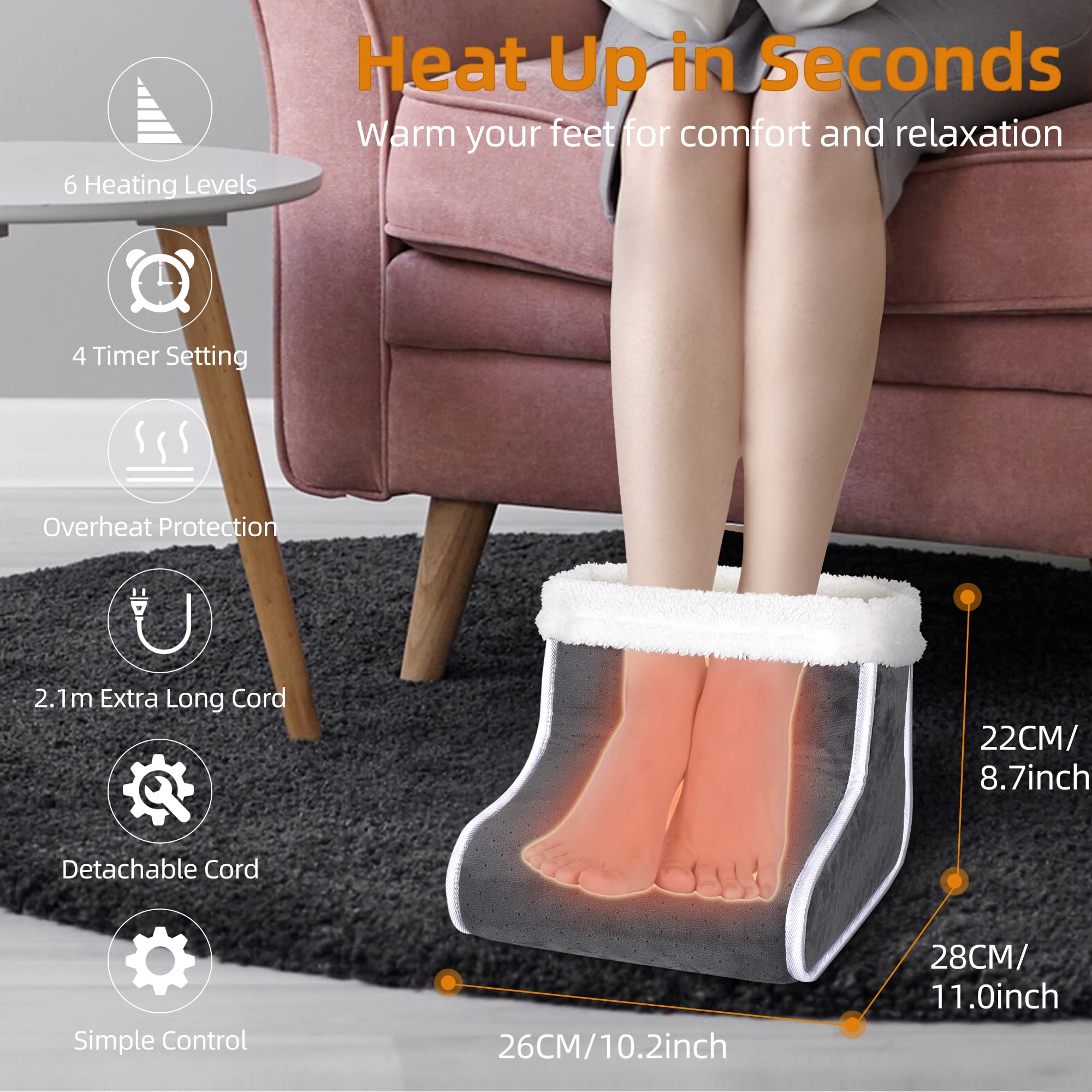Electric Heated Foot Warmer - KLADNDER Heating Foot Warmer for Men & Women, Feet Warmer with 6 Temperature Setting 4 Timer Setti