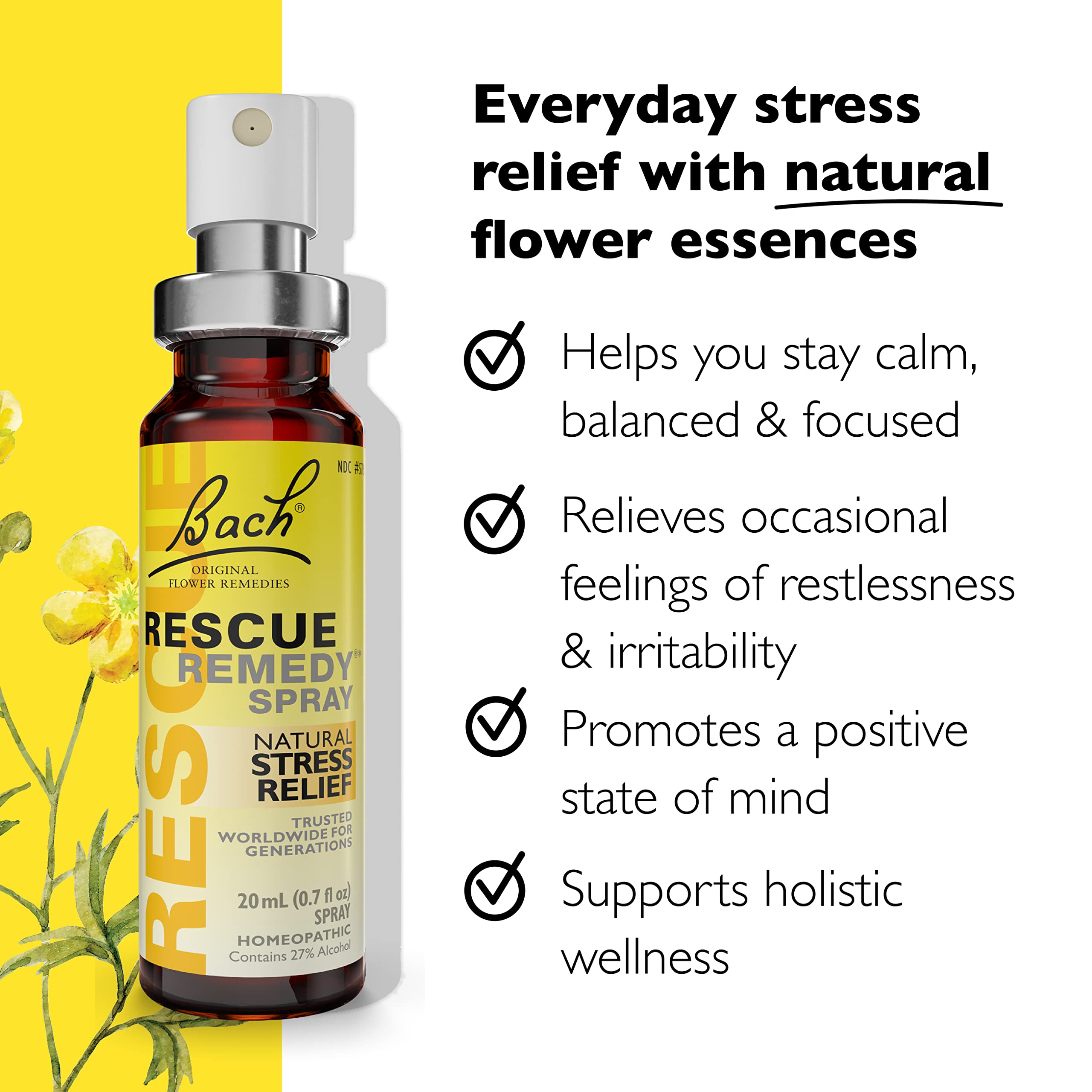 Bach RESCUE REMEDY Spray 20mL, Natural Stress Relief, Homeopathic Flower Essence, Vegan, Gluten & Sugar-Free, Non-Habit Forming