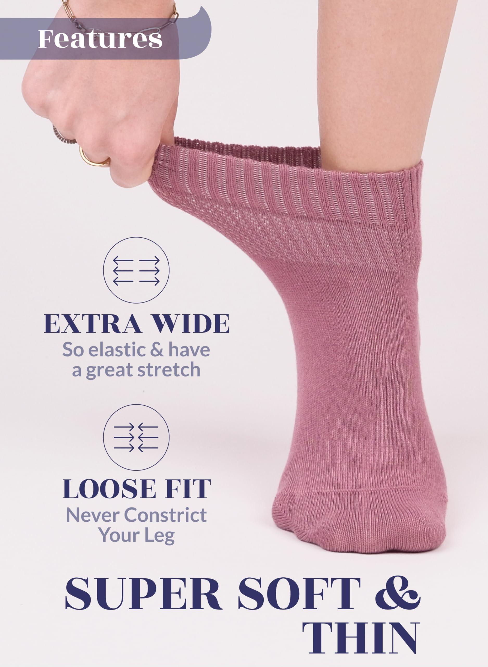 Hugh Ugoli Women Diabetic Ankle Socks, Super Soft & Thin Bamboo Socks, Wide & Loose, Non-Binding Top & Seamless Toe, 4 Pairs, Ro