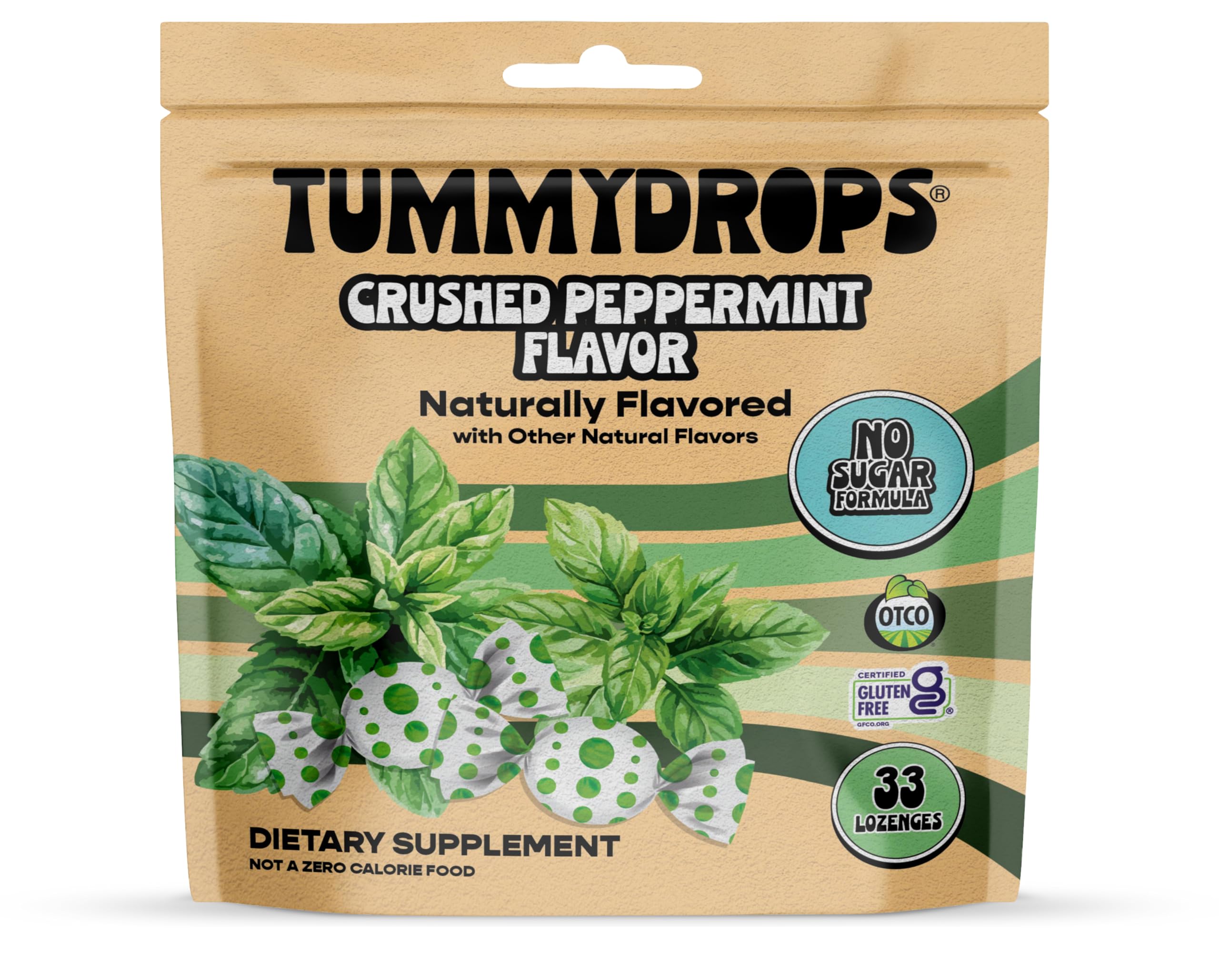 Tummydrops, No Sugar Crushed Peppermint Flavor, Gluten Free & Vegan, 33 Individually Wrapped Pure Peppermint Oil Lozenges Made w