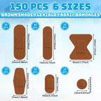 Lounsweer 150 Pcs 6 Sizes Brown Shade Flexible Fabric Bandages Adhesive Bandage Flexible Bandages Variety Pack for Adult Protect