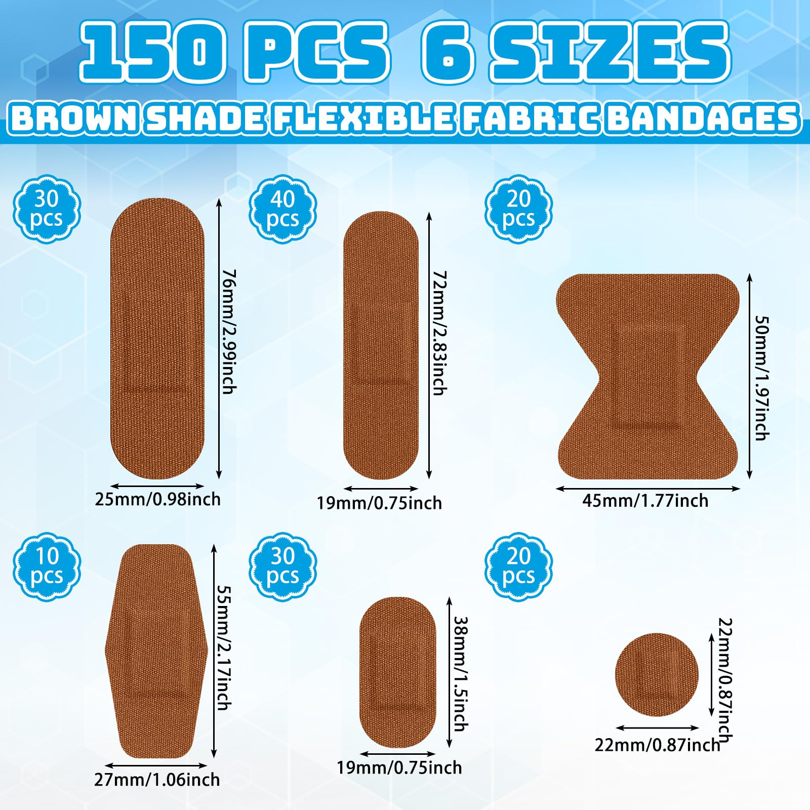 Lounsweer 150 Pcs 6 Sizes Brown Shade Flexible Fabric Bandages Adhesive Bandage Flexible Bandages Variety Pack for Adult Protect