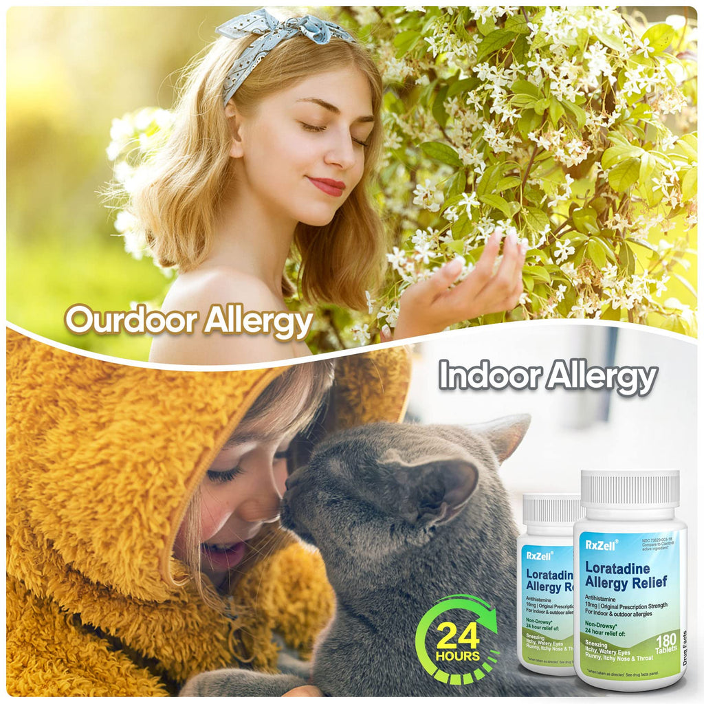 RXZELL Allergy Relief, Loratadine 10mg, 180 Tablets - 24 Hour Non-Drowsy Antihistamine Allergy Medicine