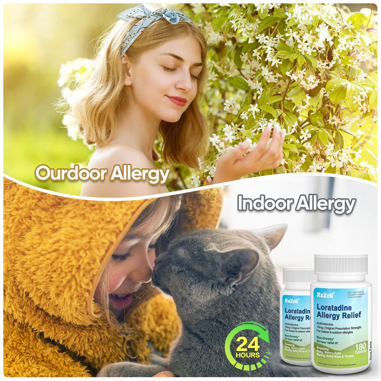 RXZELL Allergy Relief, Loratadine 10mg, 180 Tablets - 24 Hour Non-Drowsy Antihistamine Allergy Medicine