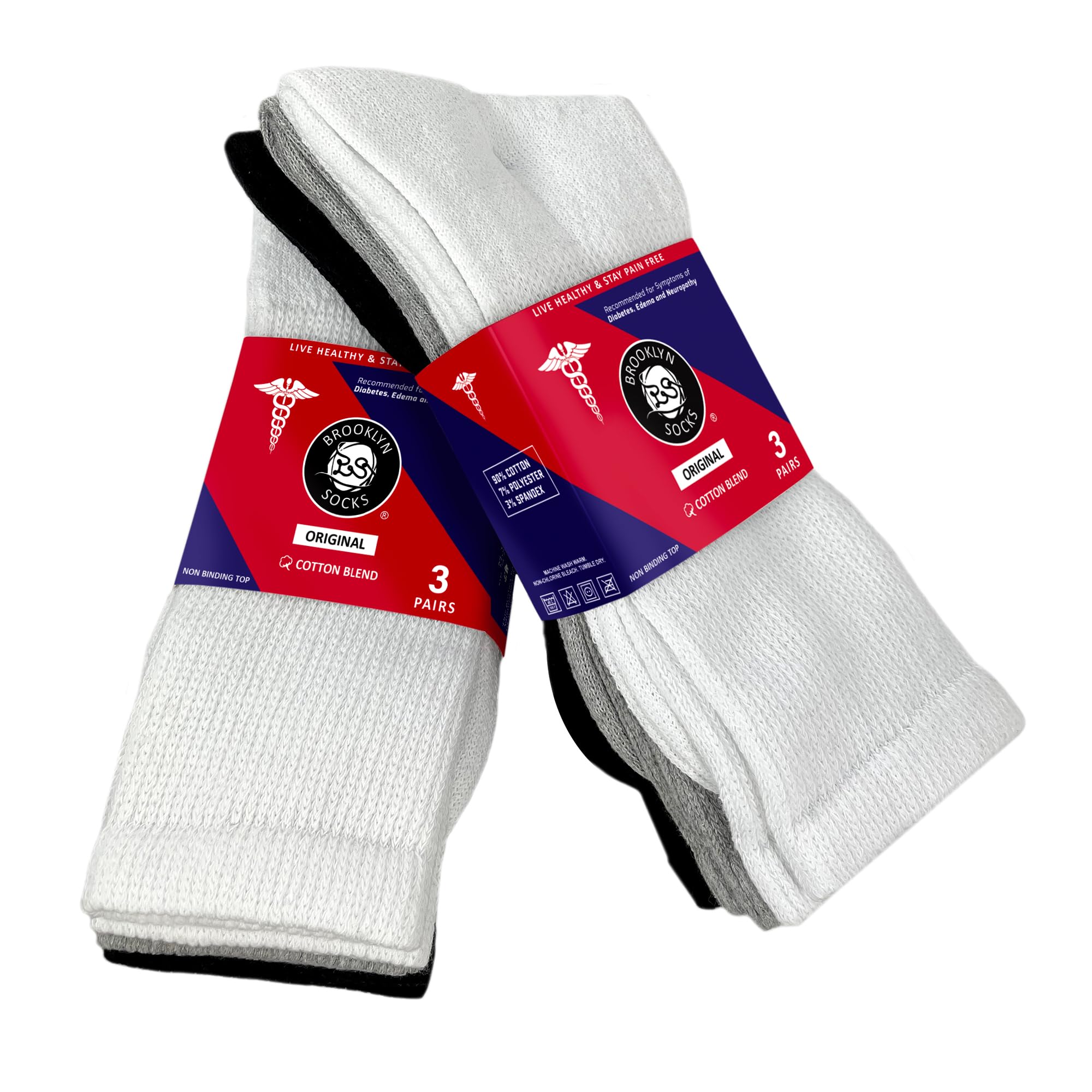 6 Pairs of Cotton Diabetic Non-Binding Neuropathy Crew Socks (Black, Gray, White, Fits Mens Shoe Size 8-10/Womens shoe size 9-11