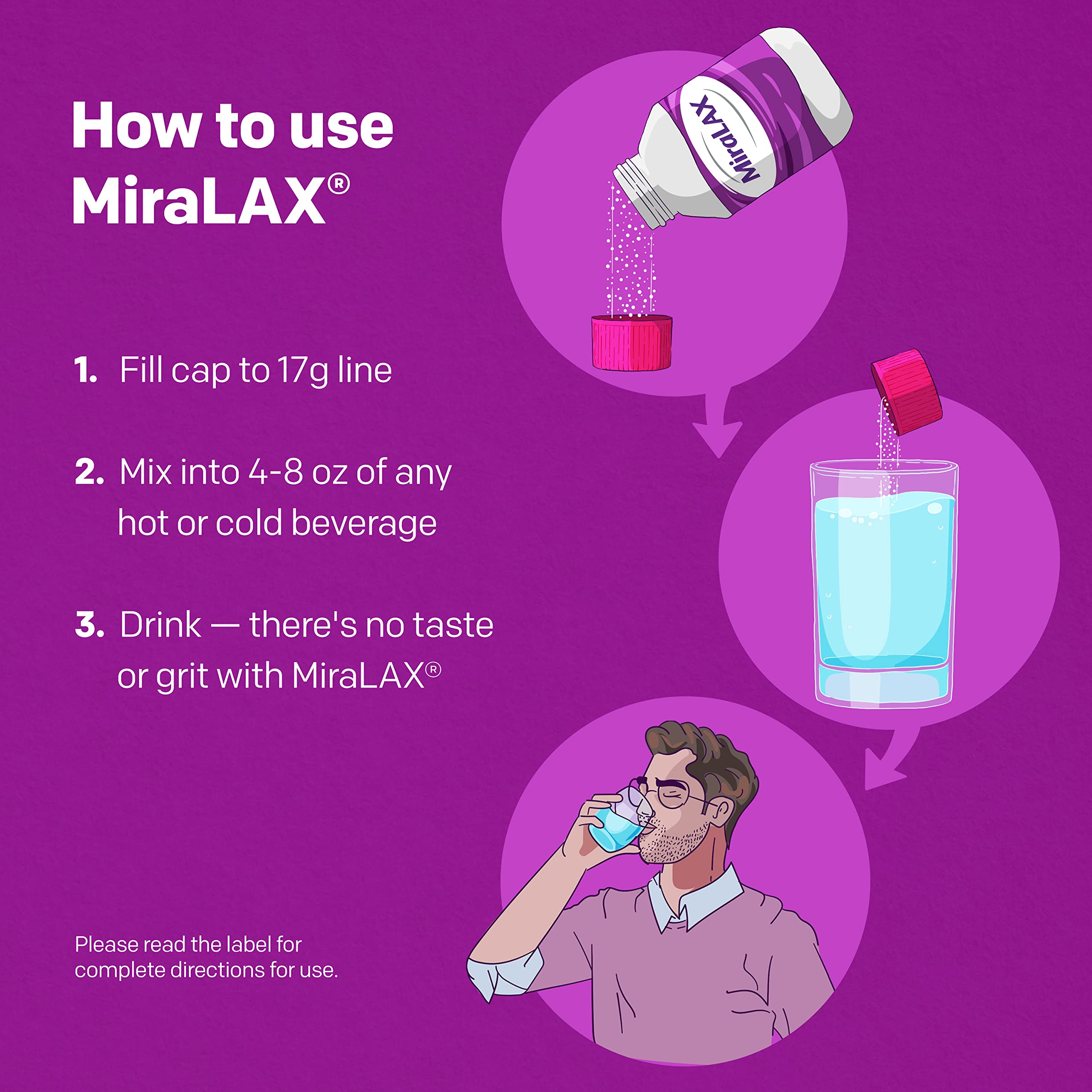 MiraLAX Gentle Constipation Relief Laxative Powder, Stool Softener with PEG 3350, Works Naturally with Water in Your Body, No Ha