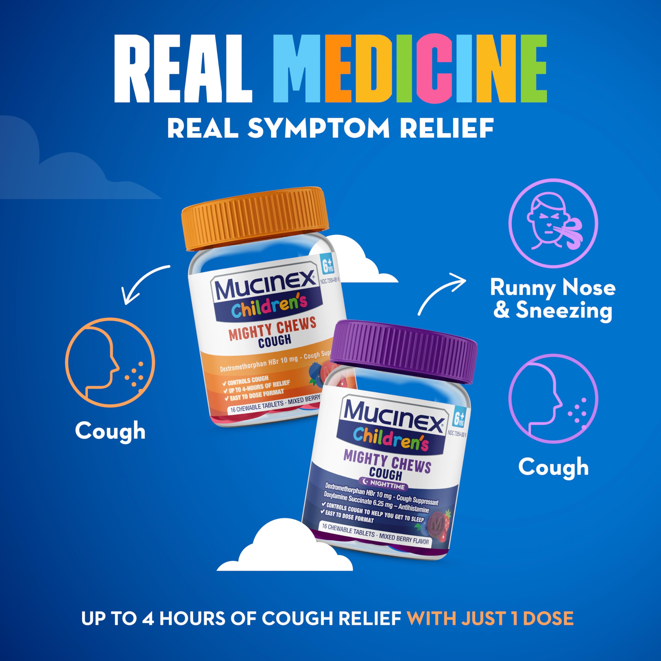 Mucinex Childrens Mighty Chews Kids Cough Medicine Daytime and Nighttime Value Pack, Easy to Dose Cough Suppressant for Kids wi