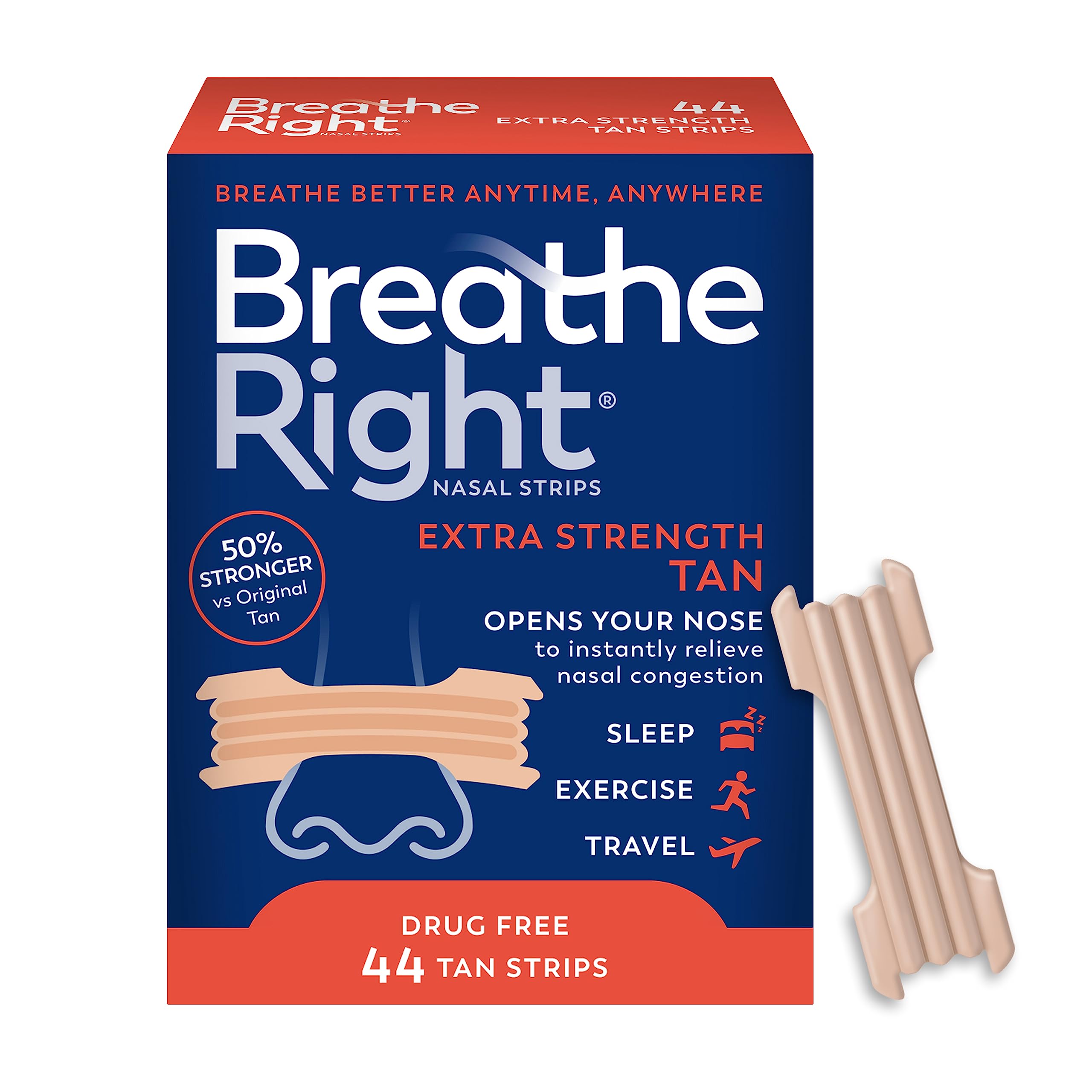 Breathe Right Nasal Strips, Extra Strength, Tan Nasal Strips, Help Stop Snoring, Drug-Free Snoring Solution & Instant Nasal Cong