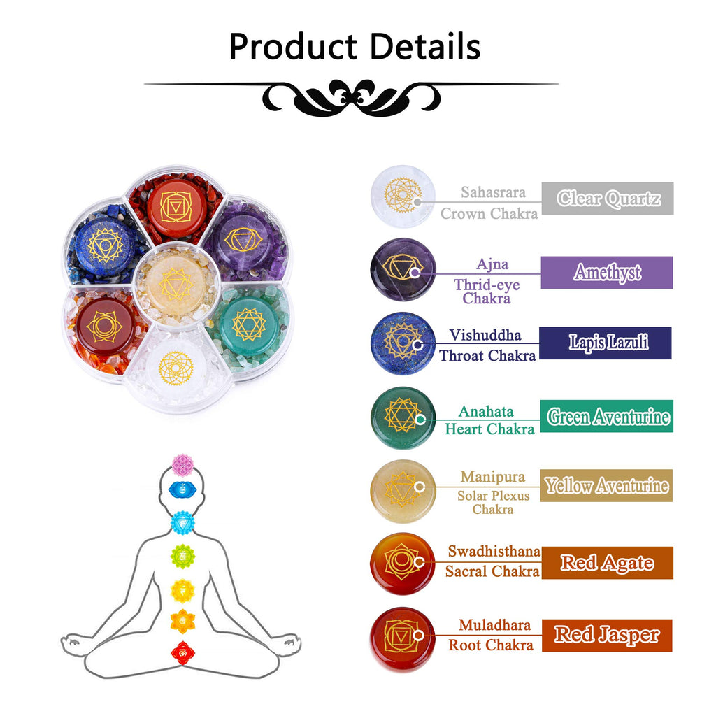 CrystalTears 7 Chakra Crystal Stones Natural Reiki Healing Crystals Gemstones with Engraved Chakra Symbol Tumbled Polished Chakr