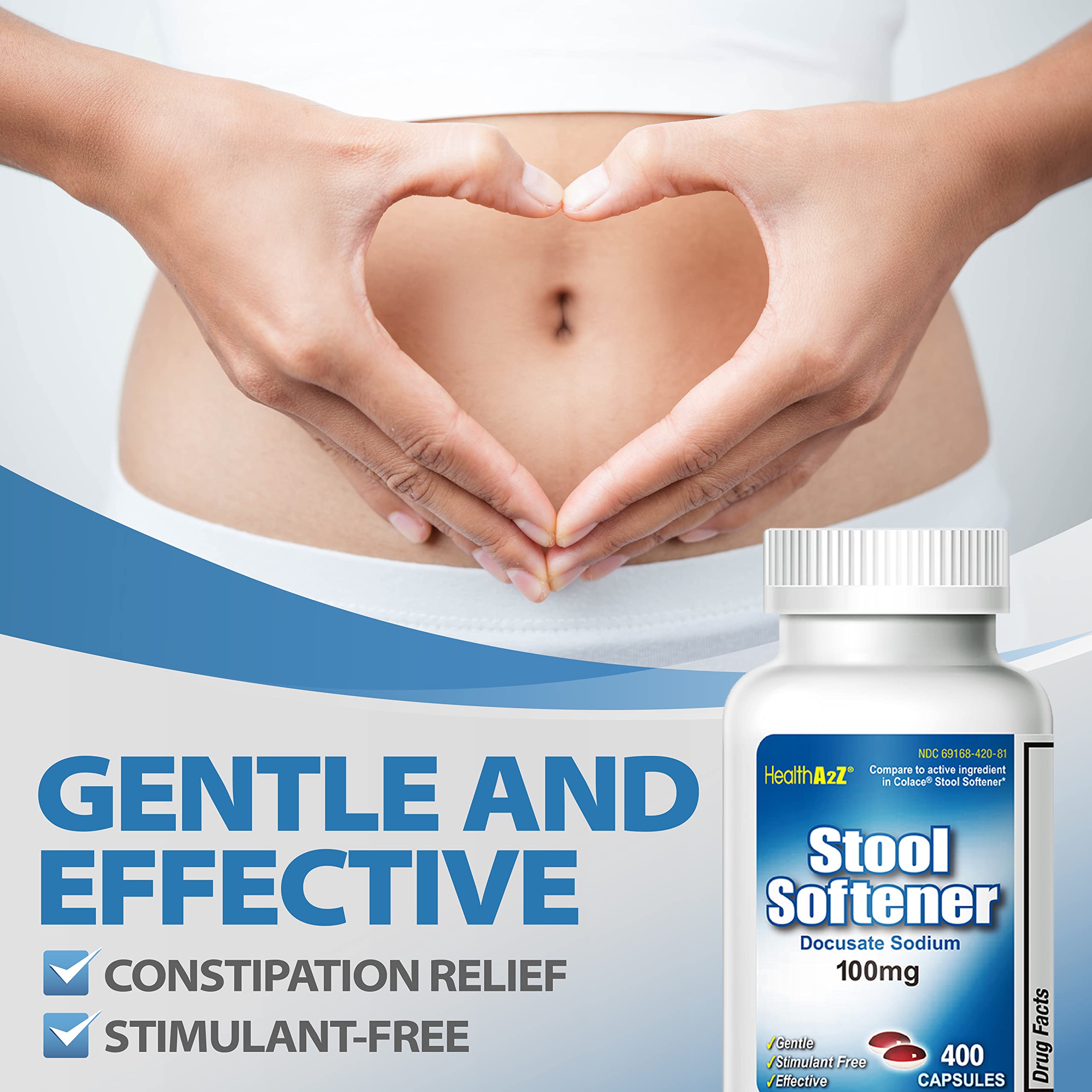 HealthA2Z Stool Softener | Docusate Sodium 100mg | Red & White Capsules | Dependable | Gentle Constipation Relief (400 Counts)