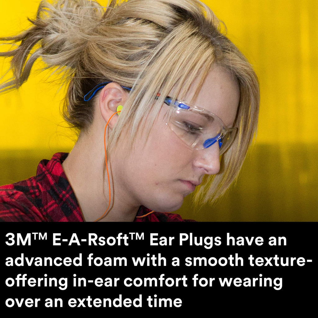 3M Ear Plugs, Pack of 200, E-A-Rsoft Yellow Neon Blasts 311-1252, Corded, Disposable, Foam, NRR 33, Drilling, Grinding, Machinin