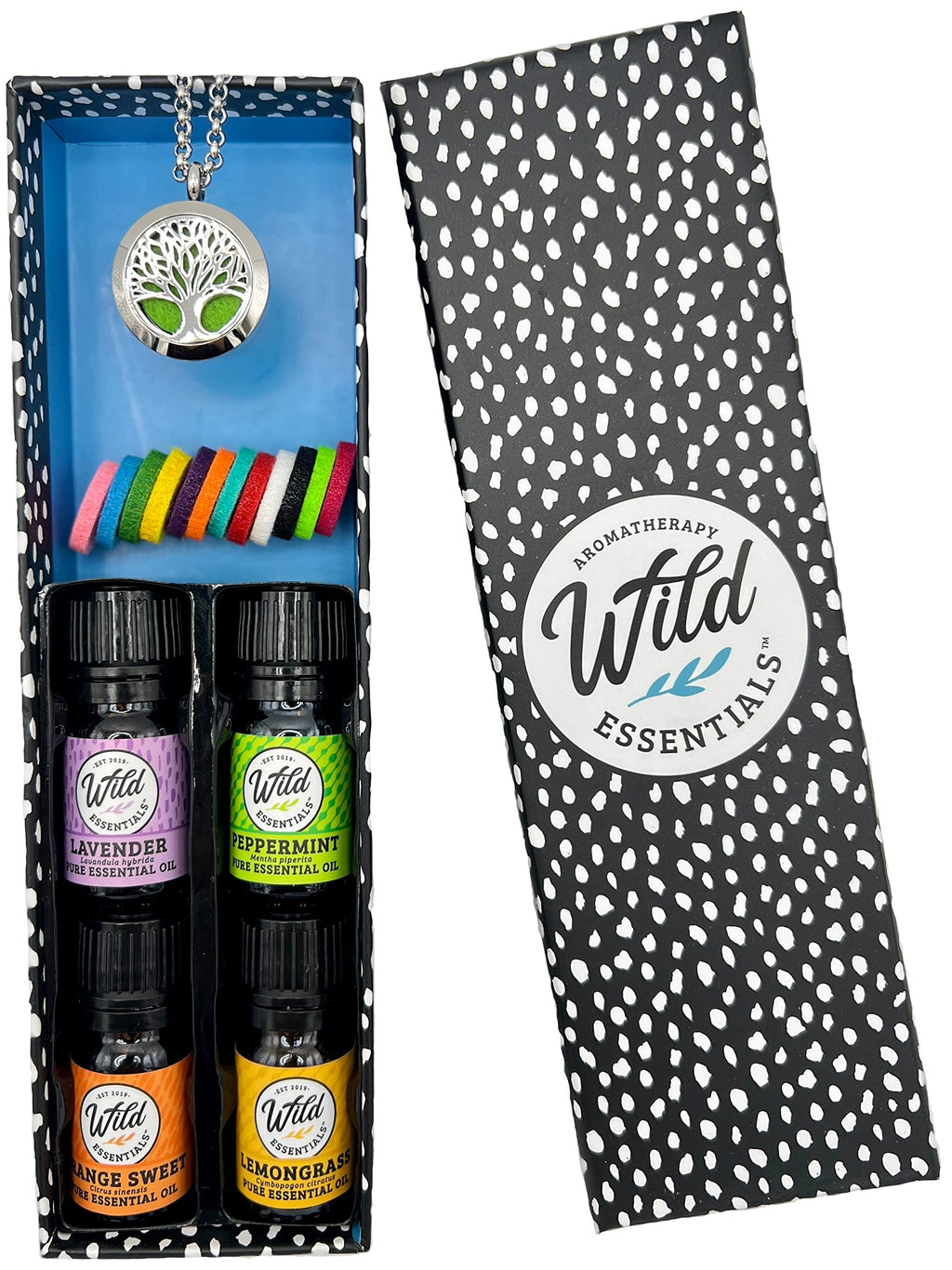 Wild Essentials Tree of Life Necklace Essential Oil Diffuser Kit With Lavender, Lemongrass, Peppermint, Orange Oils, 12 Refill P