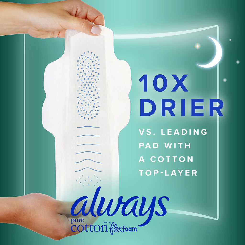 Always Pure Cotton, Feminine Pads for Women, Size 4 Overnight Absorbency, Multipack, with Flexfoam, with Wings, Unscented, 20 Co