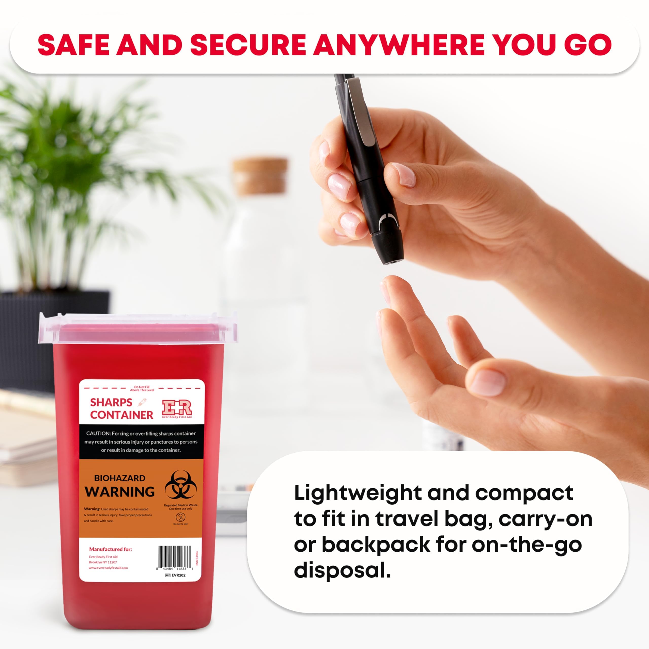 Ever Ready First Aid Sharps container with Split Lid Design and Locking Mechanism for Sharp Waste Disposal, 1 Quart