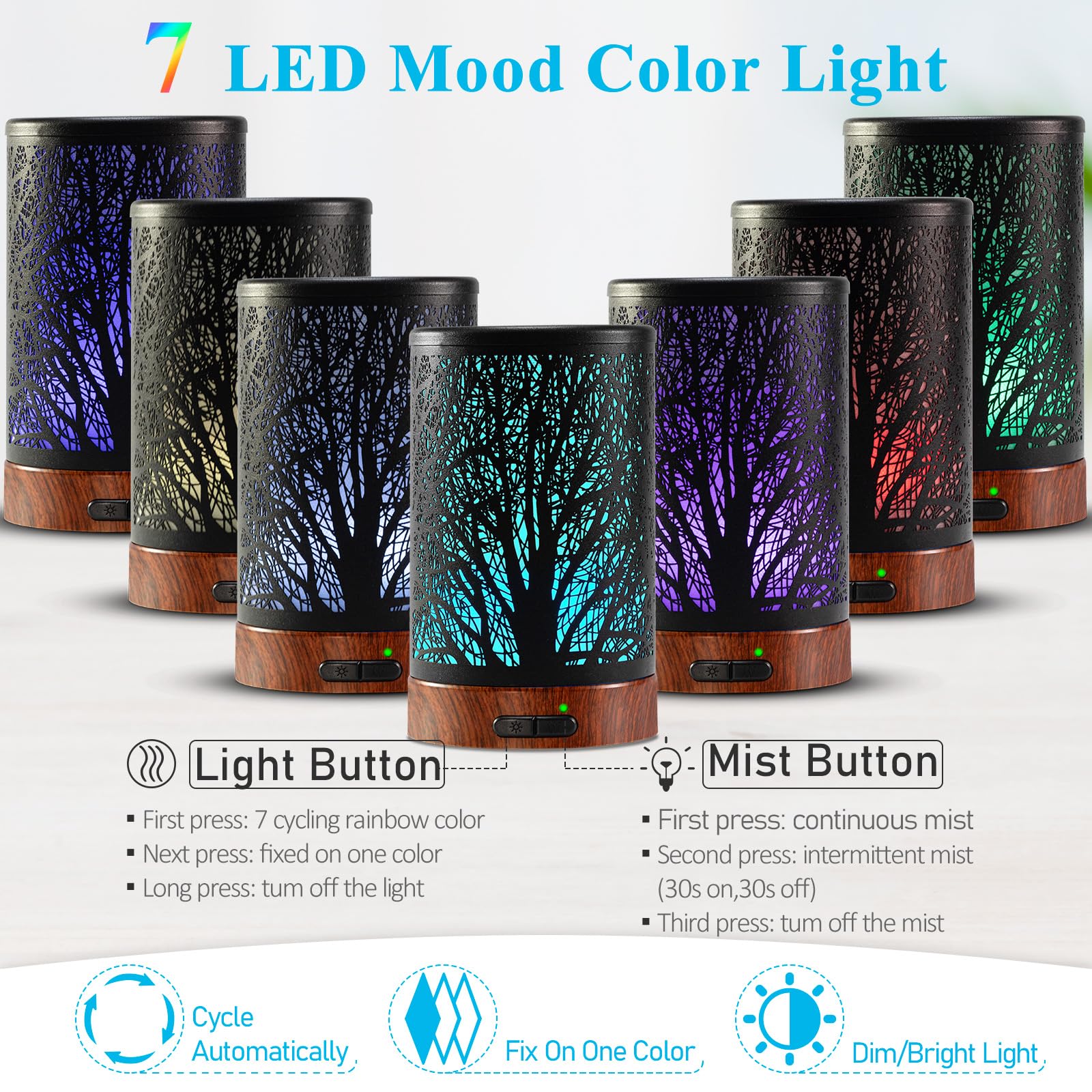 Essential Oil Diffuser - 150ML Metal Aromatherapy Diffuser for Essential Oils with 7 Colors Lights Gifts for Mom Waterless Auto