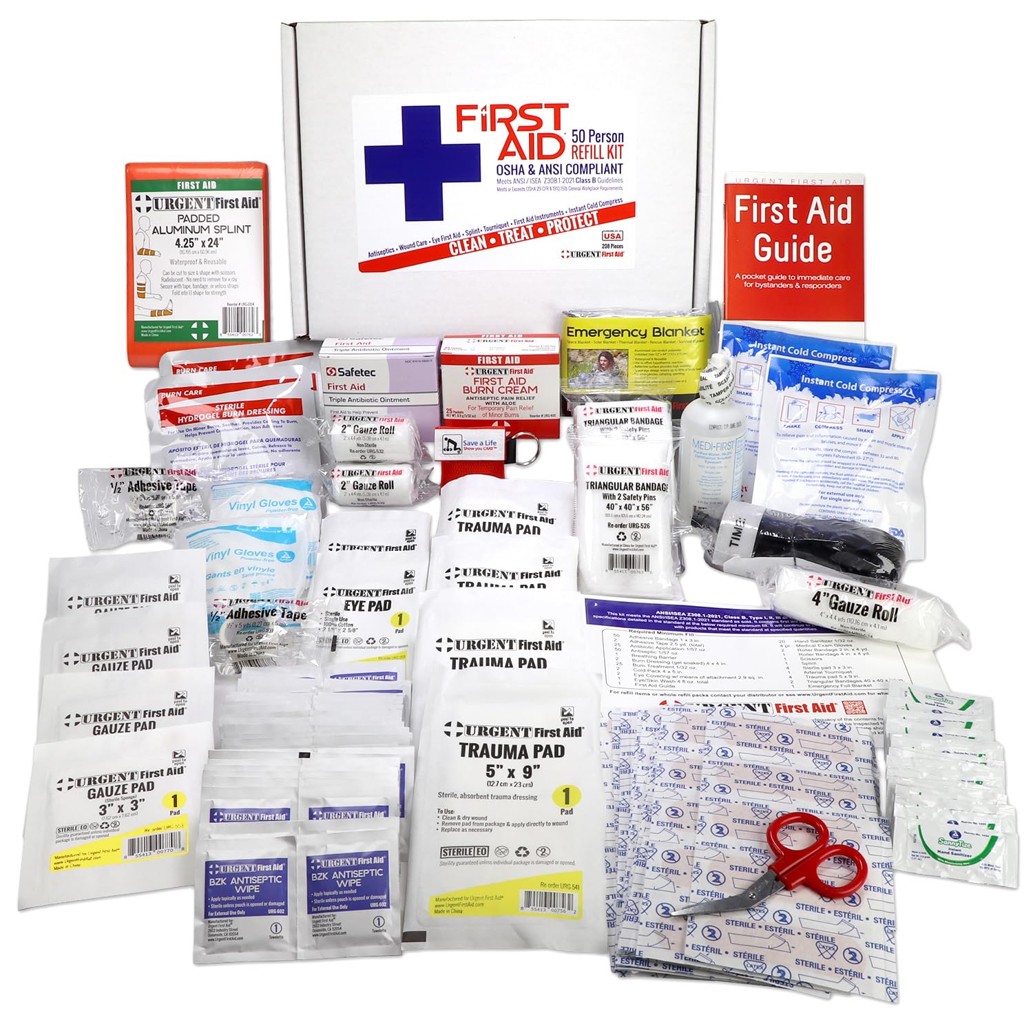OSHA & ANSI First Aid Kit Refill/Upgrade, 50 Person, 208 Pieces, ANSI 2021 Class B - Includes Splint, Tourniquet, Tools, Single 