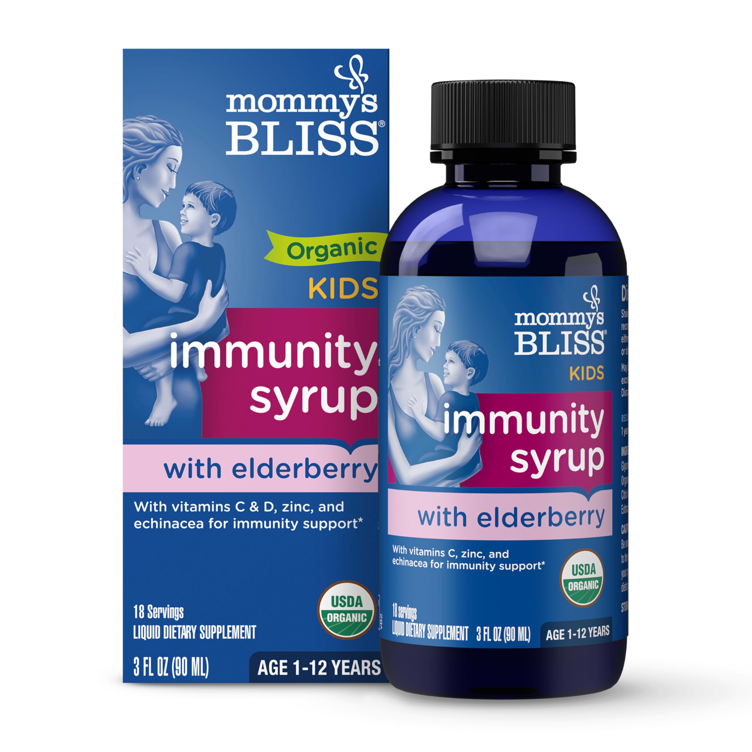 Mommys Bliss Organic Elderberry Syrup & Immunity Boost With Vitamins, Prebiotics & Echinacea for Kids & Adults 1 yr+, 3 Fl Oz