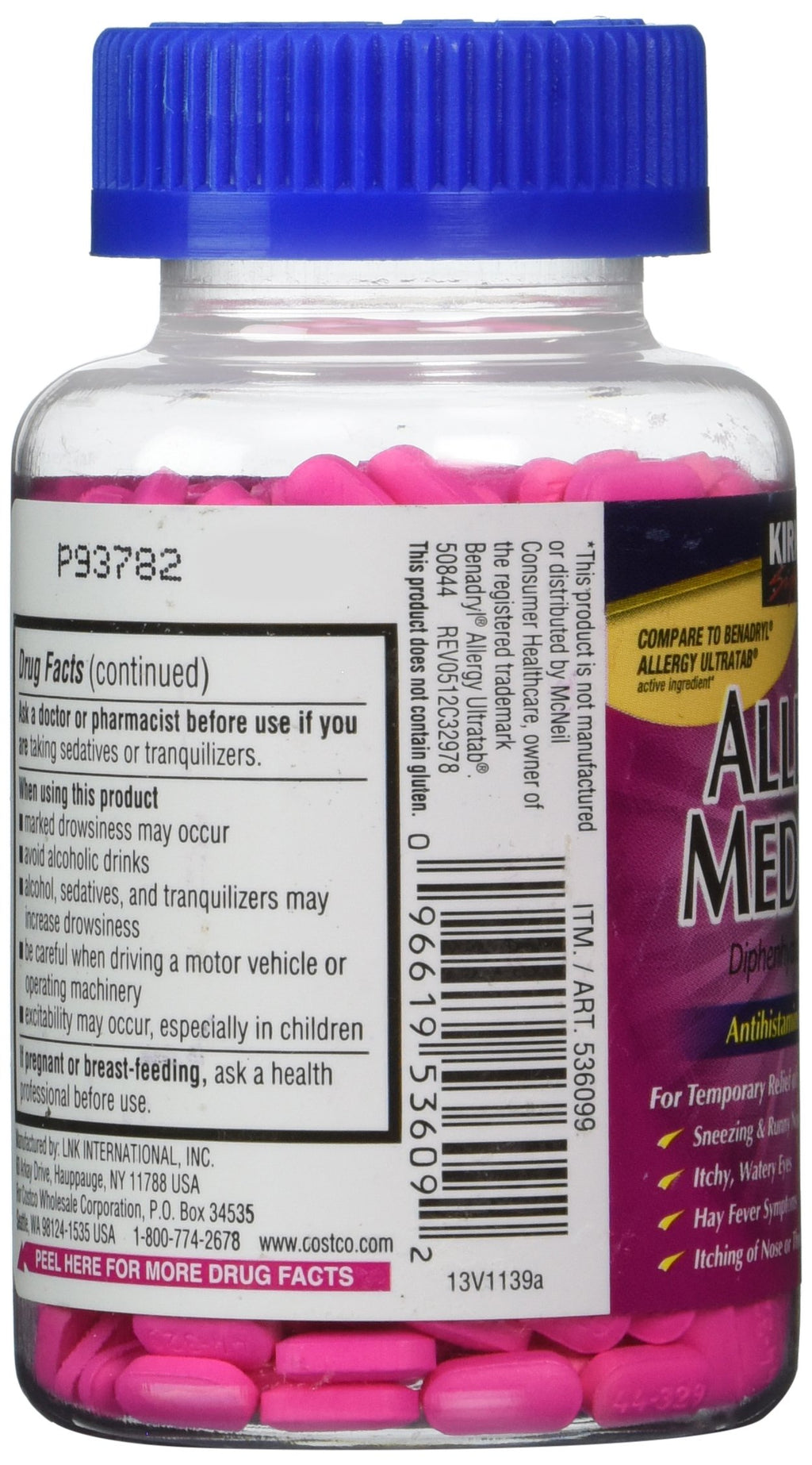 Kirkland Signature Allergy Medicine Diphenhydramine HCI 25 Mg, 600 Minitabs