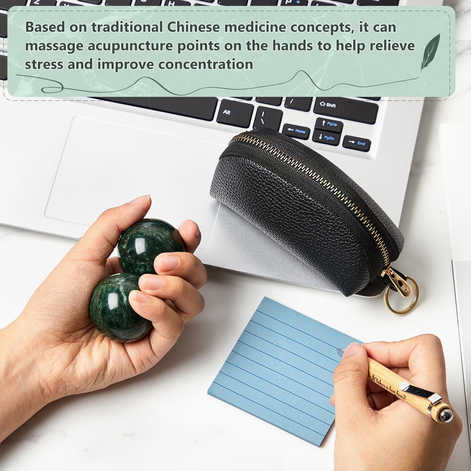 AceOrbit Baoding Balls Set of 2, Chinese Stress Relief Hand Exercise Balls with Leather Pouch, 1.57 Inch Dark Green Marble, Fing