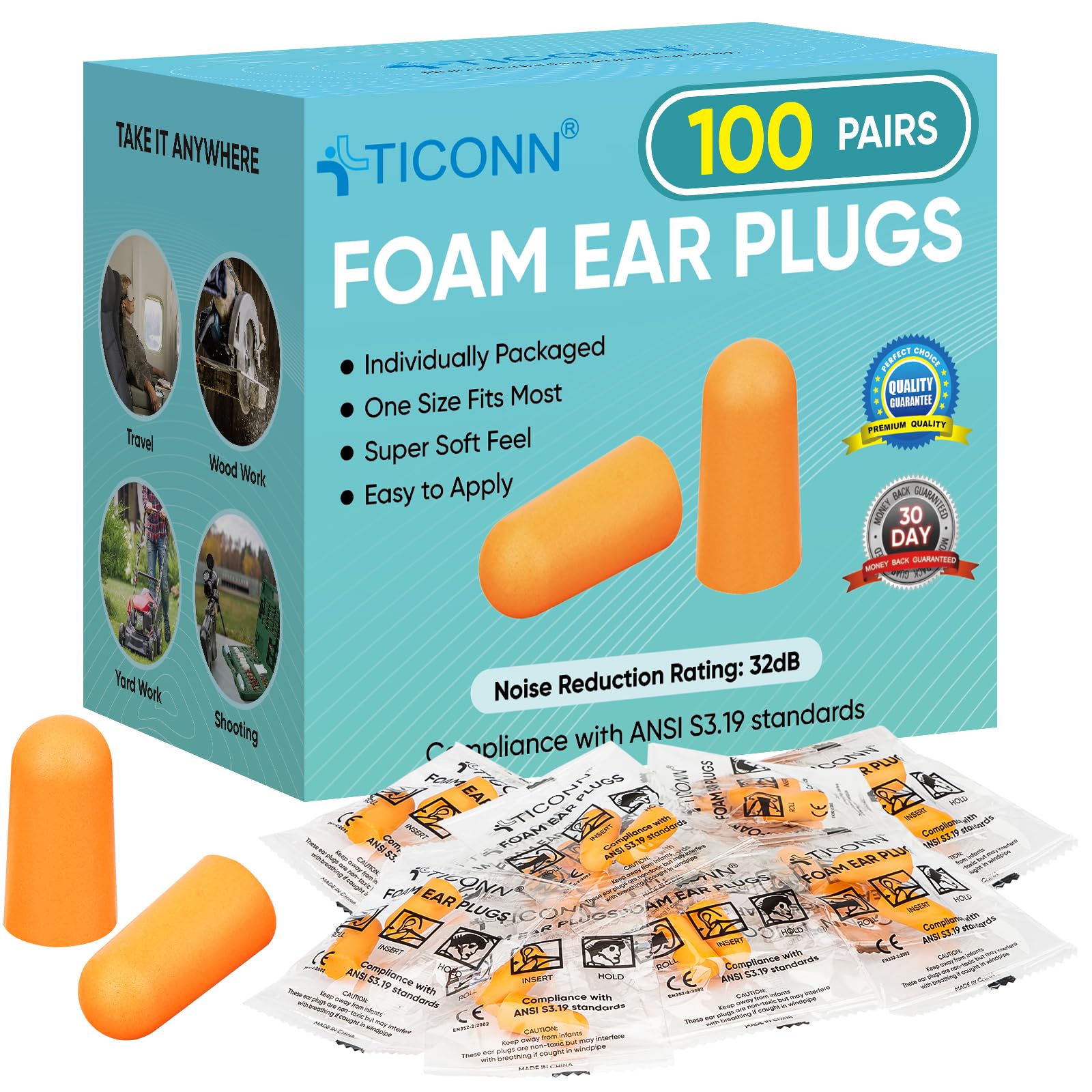 TICONN 100 Pairs Ear Plugs, 32dB Noise Reduction Earplugs for Sleeping Hearing Protection Travel Study Concentration Constructio