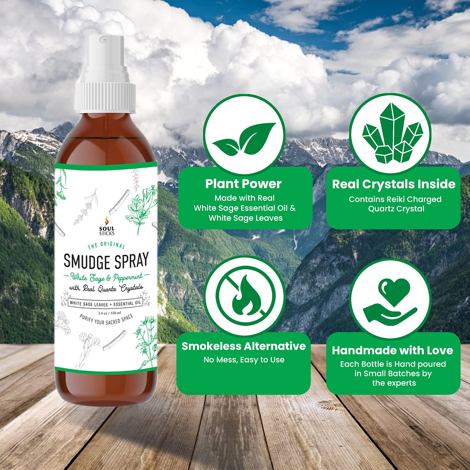 Soul Sticks Smudge Spray for Cleansing Negative Energy and Purifying Home | Made with White Sage and Quartz Crystals | 3.5 oz. B