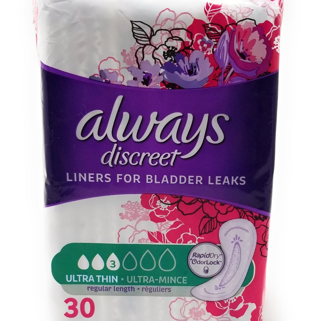 Always Discreet, Incontinence Liners, Ultra Thin, 30 Count (Pack of 2) (regular length)
