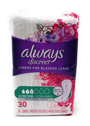 Always Discreet, Incontinence Liners, Ultra Thin, 30 Count (Pack of 2) (regular length)