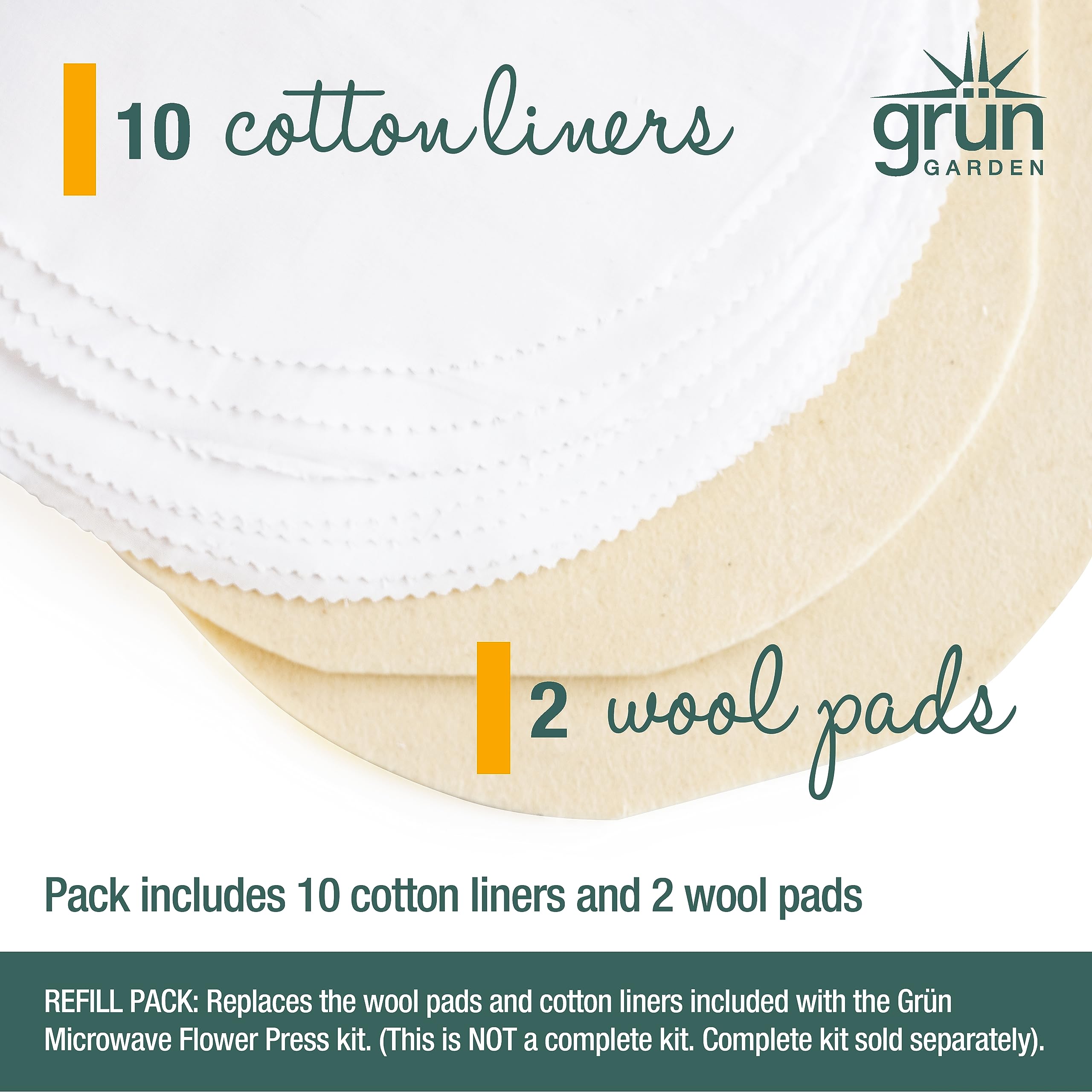 Wool Pad and Cotton Liner Refills for 10 Inch Round Grun Garden Microwave Flower Press Kit (2 Wool Pads and 10 Cotton Liners)