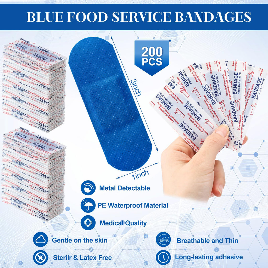 Geiserailie 200 Pcs Blue Fabric Bandages Food Service Metal Detectable 3 x 1 Waterproof Adhesive Bandages Bulk Sterile Processin