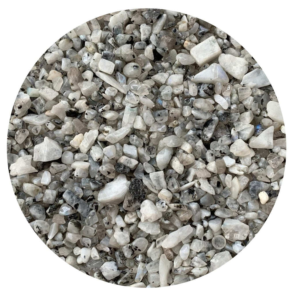 GAF TREASURES 2 oz Lot Natural Semi Tumbled Gemstone Chips, Crushed Mini Crystals, Undrilled Crystal Chips (Rainbow Moonstone)