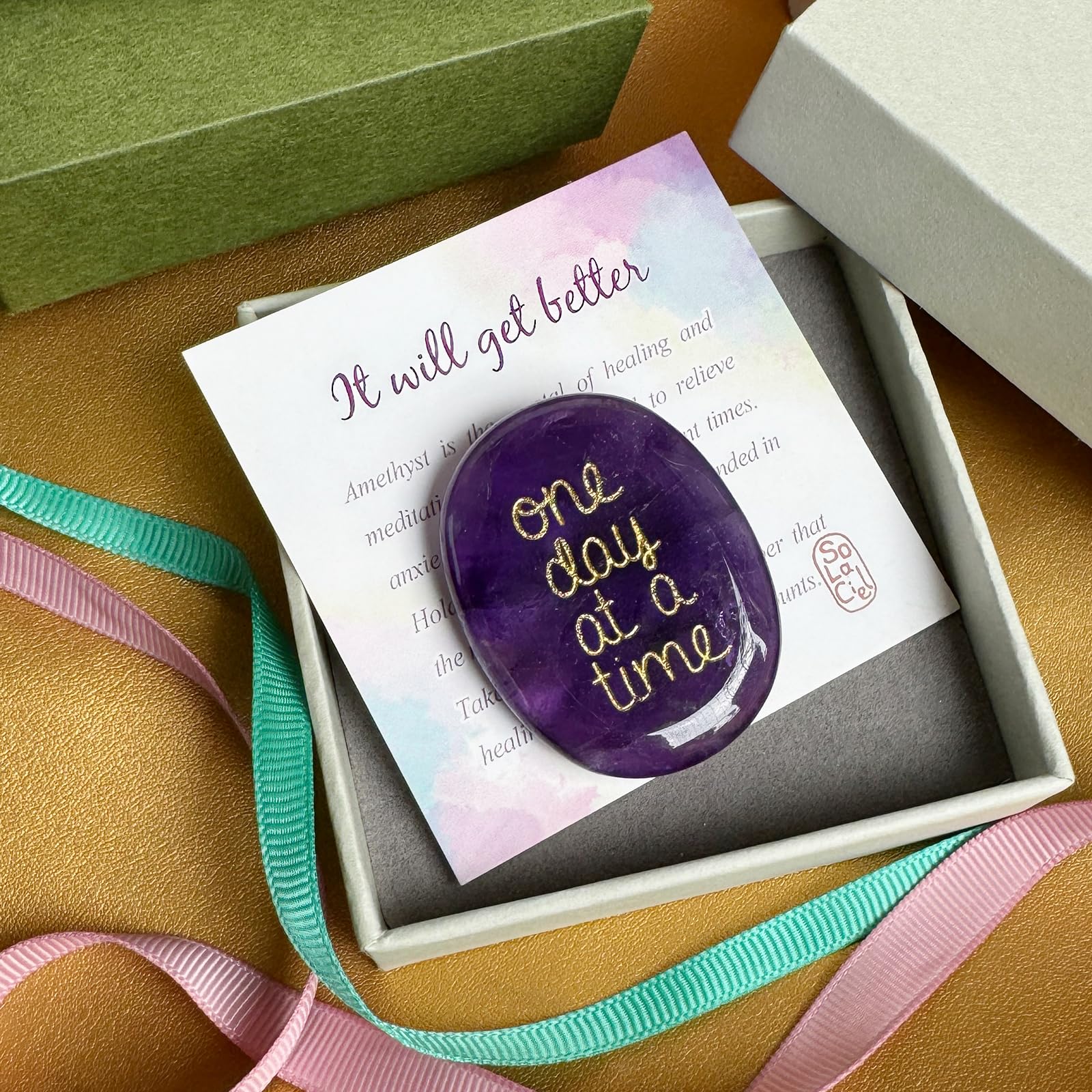 SOLACIEL Nature Amethyst Healing Crystal One Day at A Time, Inspirational Thinking of You Gifts for Women Men