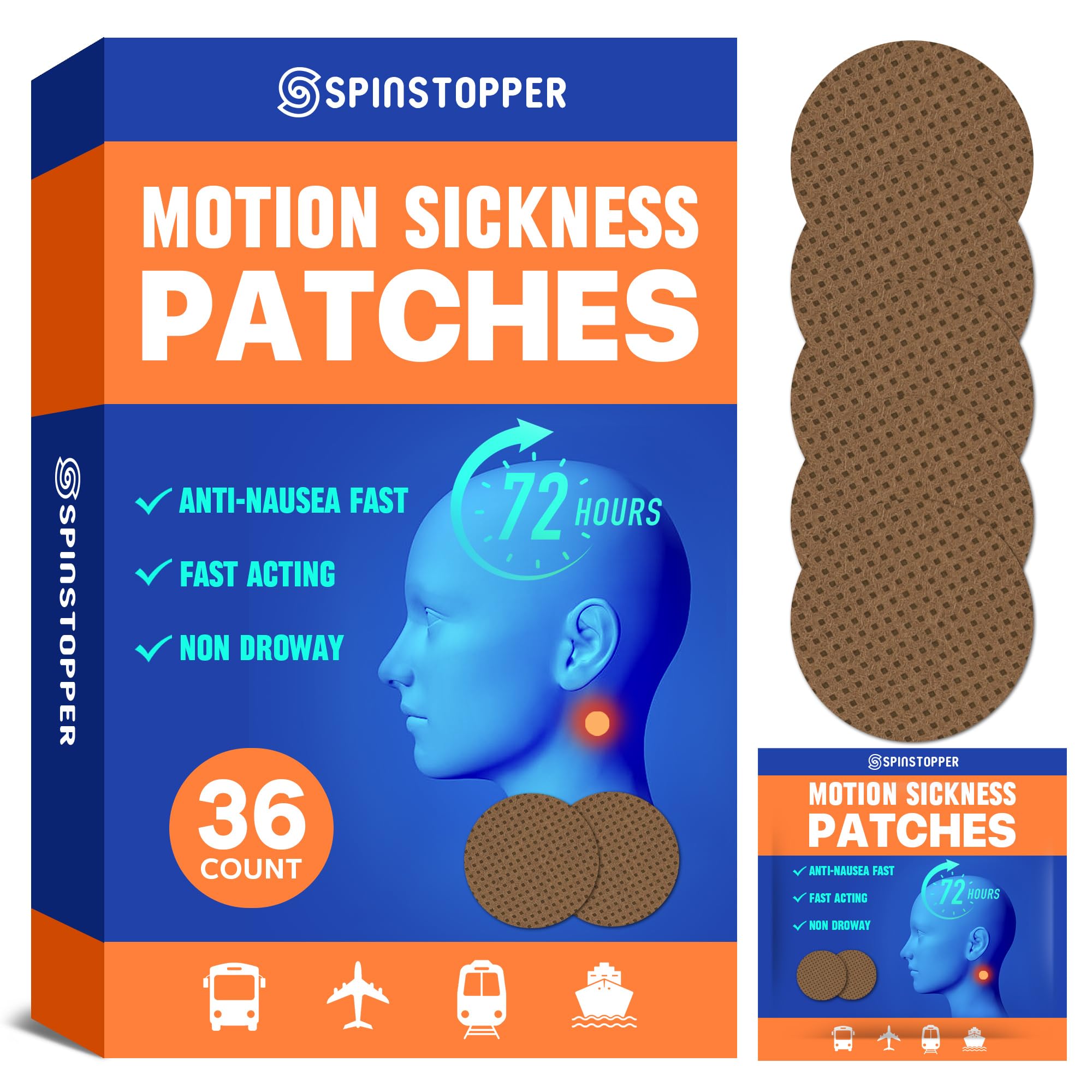 SpinStopper Motion Sickness Patches (36 Count), Sea Sickness Patch, Motion Sickness Patches for Cruise, Trains, Buses, and Airpl