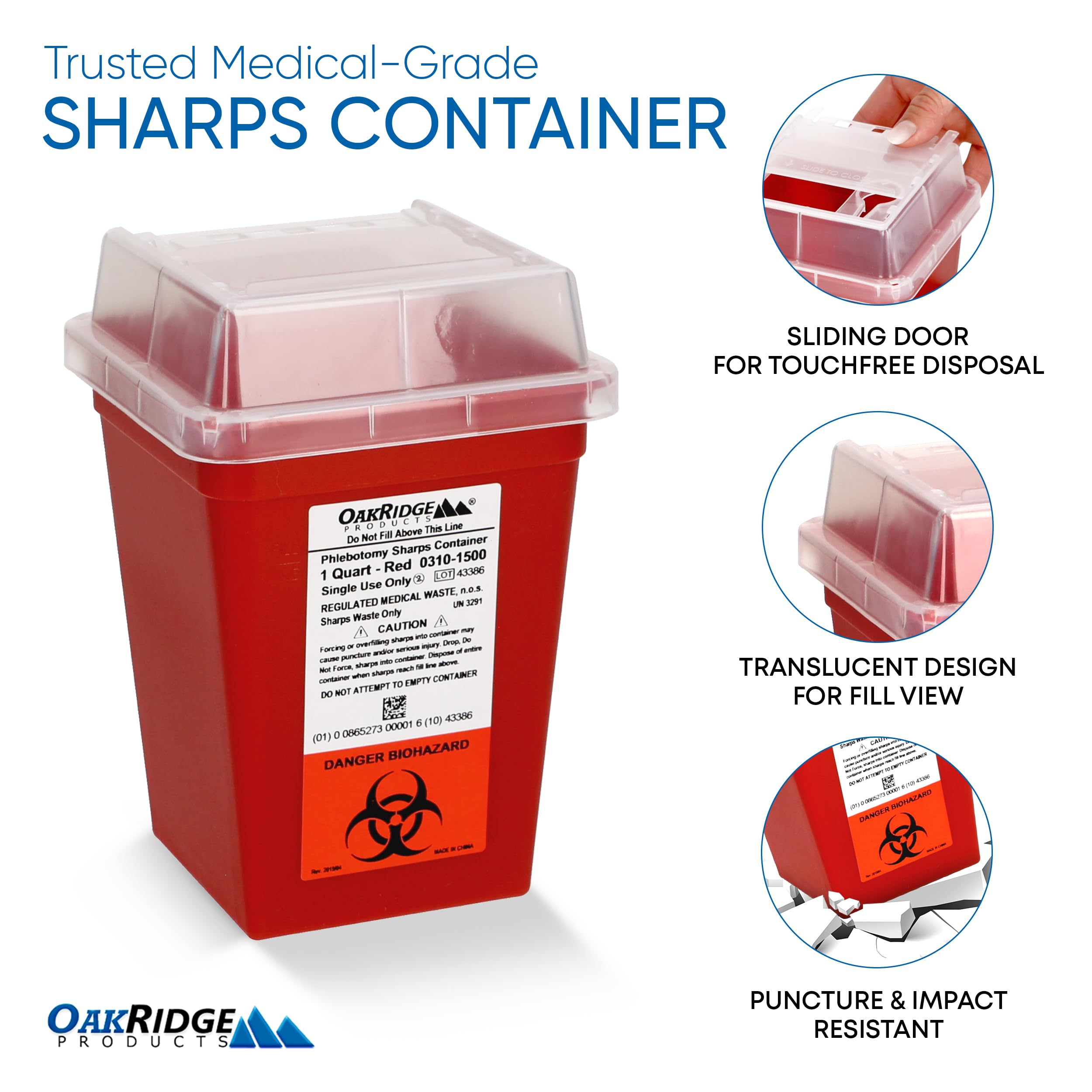 Oakridge Products Sharps Container for Home Use and Professional 1 Quart, Biohazard Needle and Syringe Disposal, Small Portable