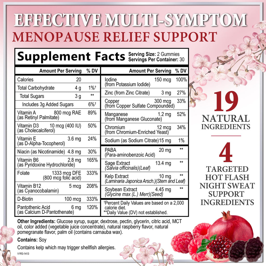 Menopause Supplements for Women, Multi-Symptom Menopause Relief for Women Vitamin Gummy, with PABA & Sage Extract, Supports Nigh