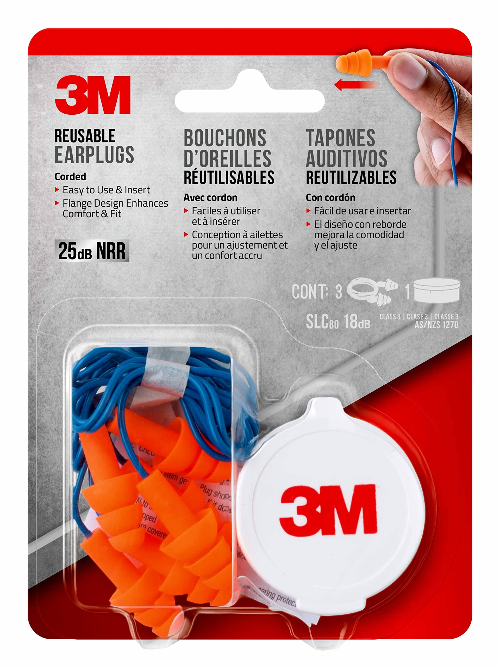 3M Corded Reusable Earplugs, 3 Pack, Noise Reduction Rating (NRR) 25 dB, Easy To Use & Insert, Pliable & Tri-Flange Design Enhan