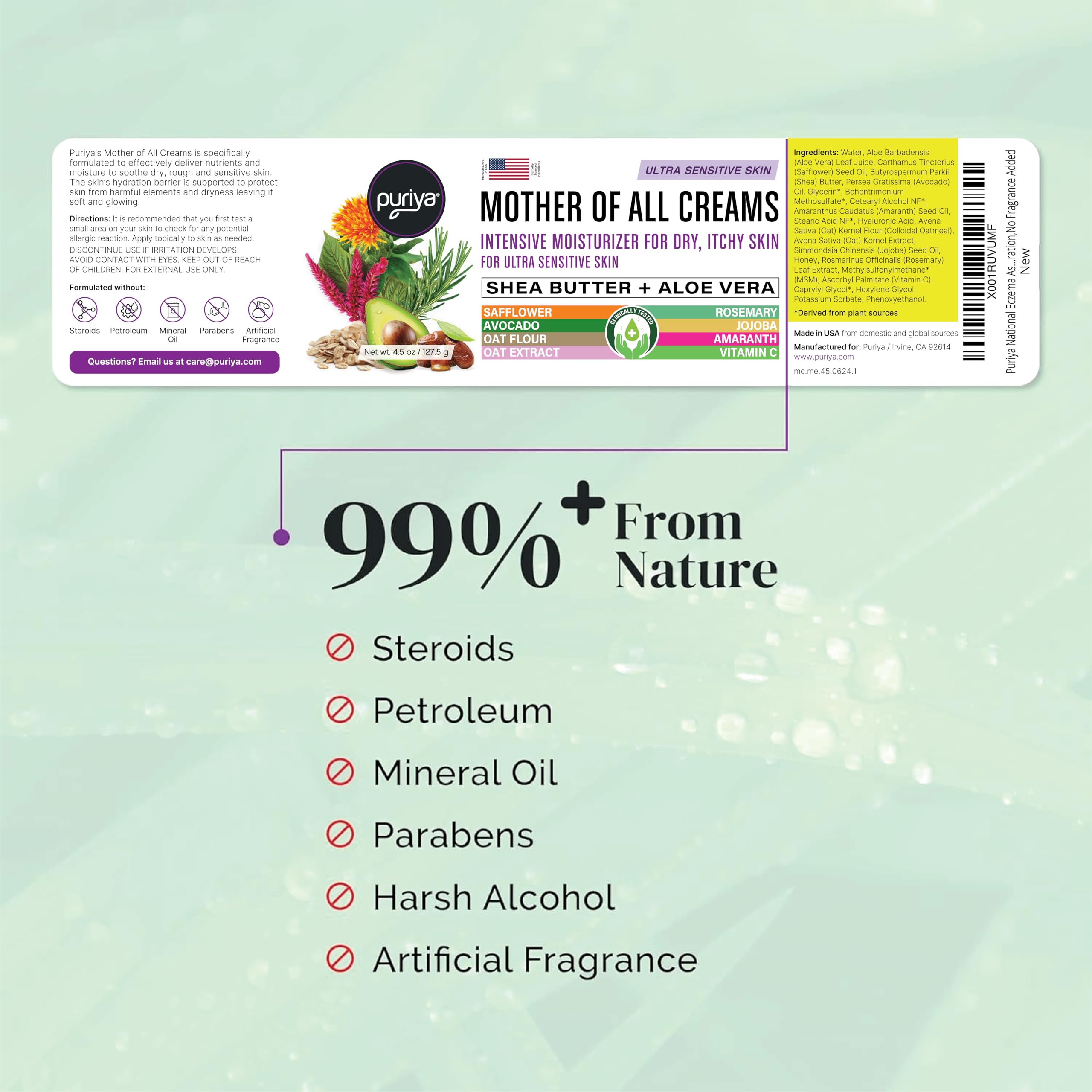 Puriya National Eczema Association Accepted Cream 4.5 oz, Dry Itchy Skin Relief, Colloidal Oatmeal Lotion, For Kids, Adults, Fac