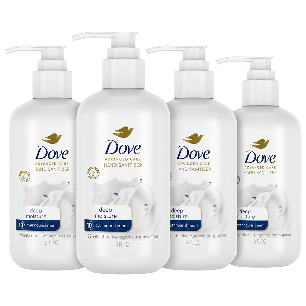 Dove Advanced Care Hand Sanitizer Deep Moisture Pack of 4 for Soft, Smooth Skin 99.99% Effective Against Many Germs, 8 oz