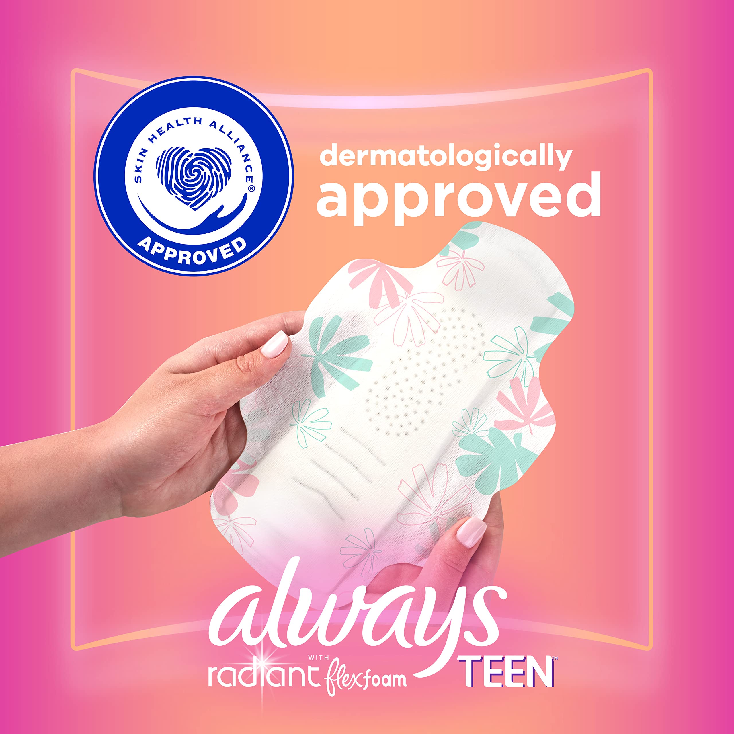 Always Radiant Teen Feminine Pads for Women, Size 1 Regular Absorbency, with Flexfoam, with Wings, Unscented, 14 Count