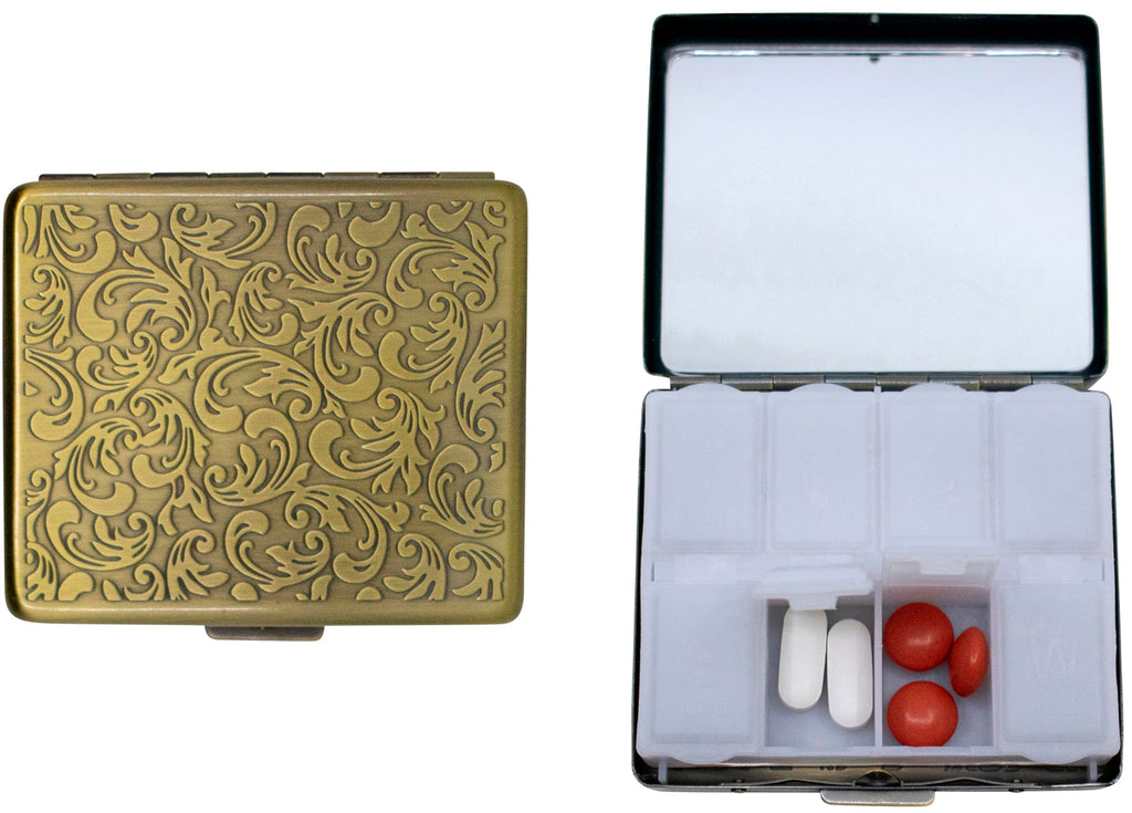 Set of 2 Metal-Plated Weekly (7-Day) Pill Box Case & Portable Medicine Organizer (Antique Brass Victorian)