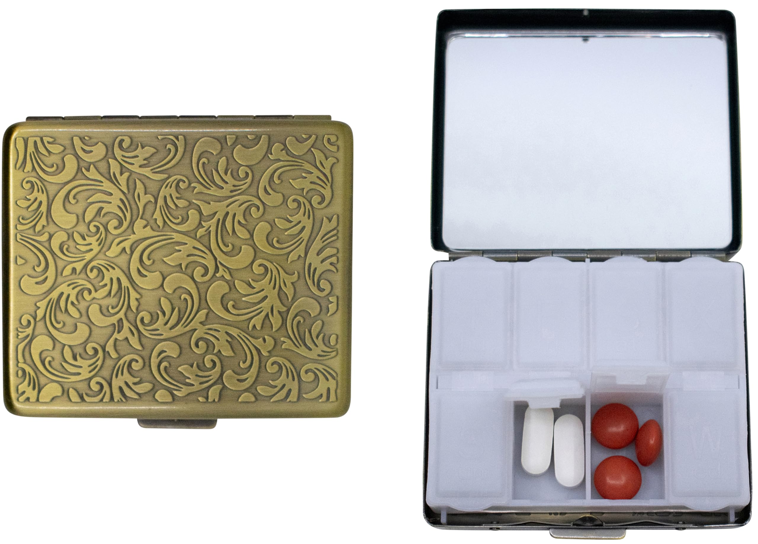 Set of 2 Metal-Plated Weekly (7-Day) Pill Box Case & Portable Medicine Organizer (Antique Brass Victorian)