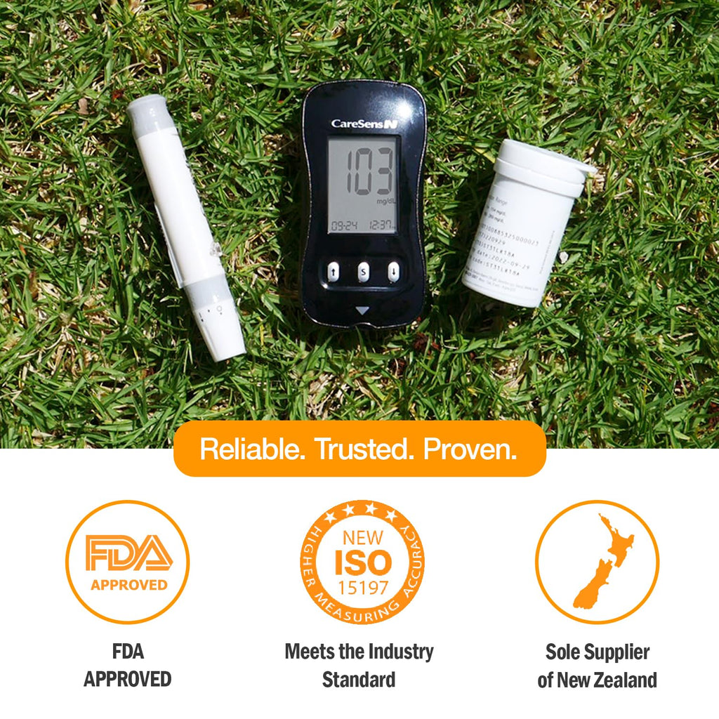 CareSens N Blood Glucose Monitor Kit with 100 Blood Sugar Test Strips, 100 Lancets, 1 Blood Glucose Meter, 1 Lancing Device, 1 C