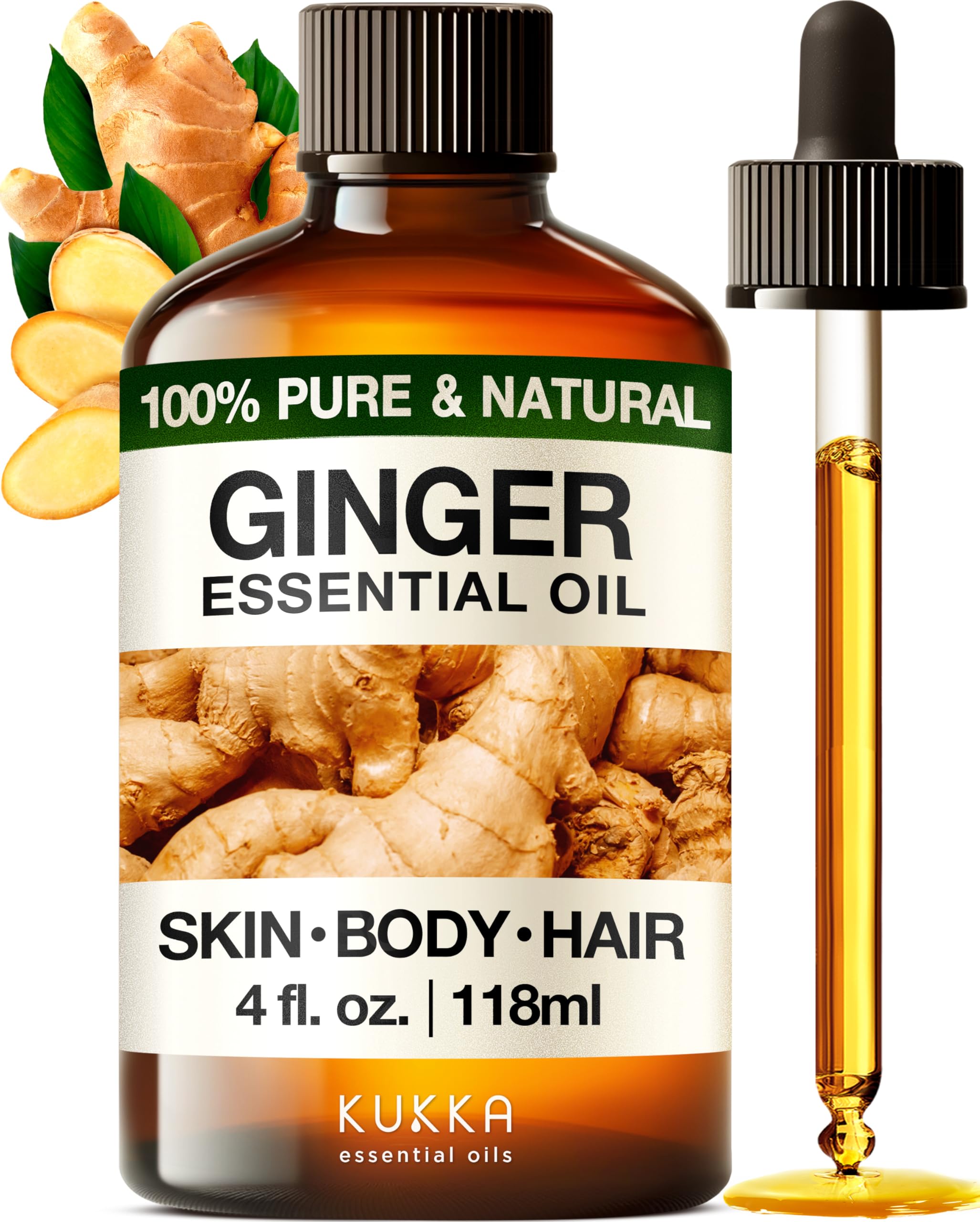 Kukka Ginger Essential Oil for Hair Skin & Massage - 4 Fl Oz - 100% Pure Natural for Soap Making Scent DIY, Spicy, Warming Scent